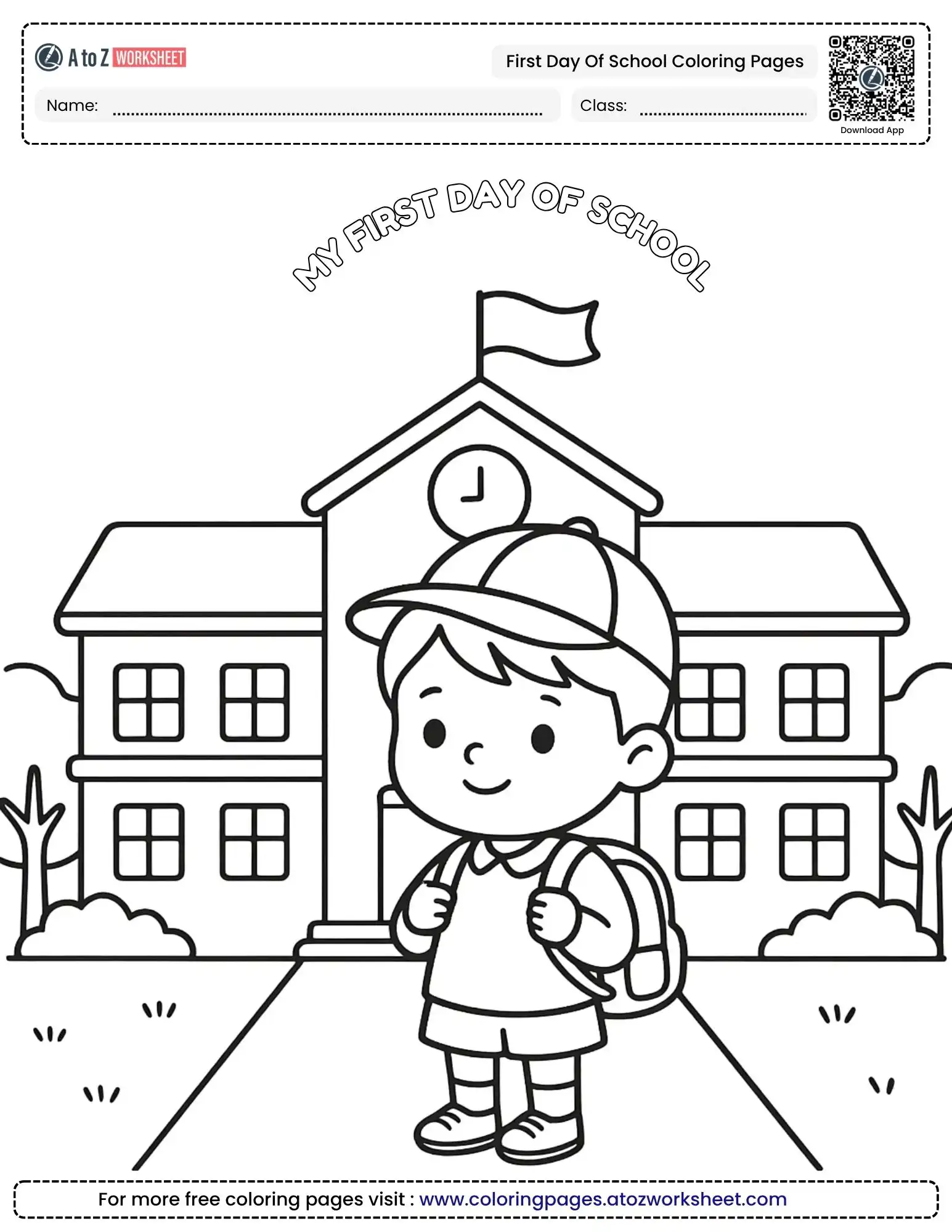 Free Printable Yellow Bus And Backpack First Day Of School Coloring Pages For Kids