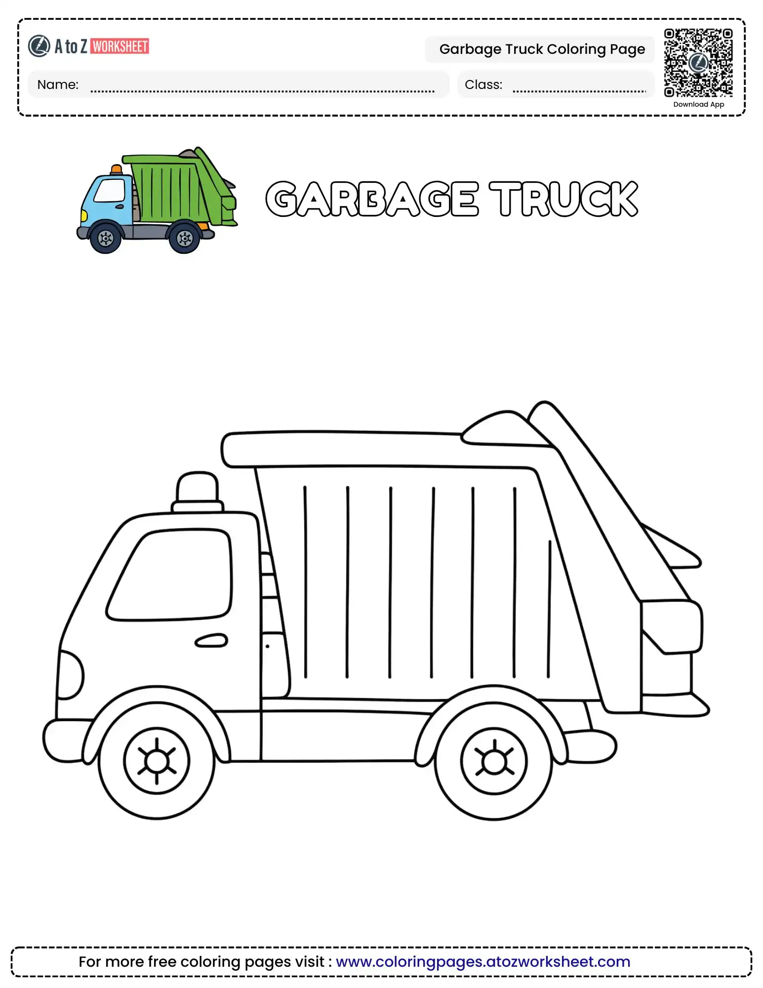 Clean Street Collector Garbage Truck Coloring Page For Preschool and Kindergarten Crafts
