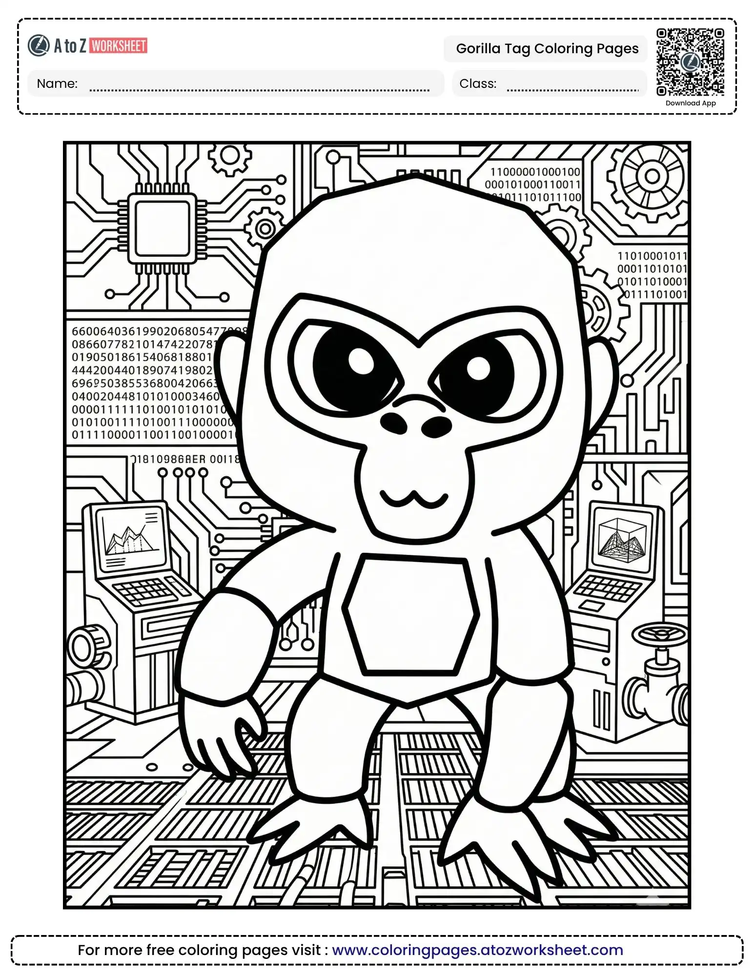 gorilla tag character inside circuit board server room coloring page