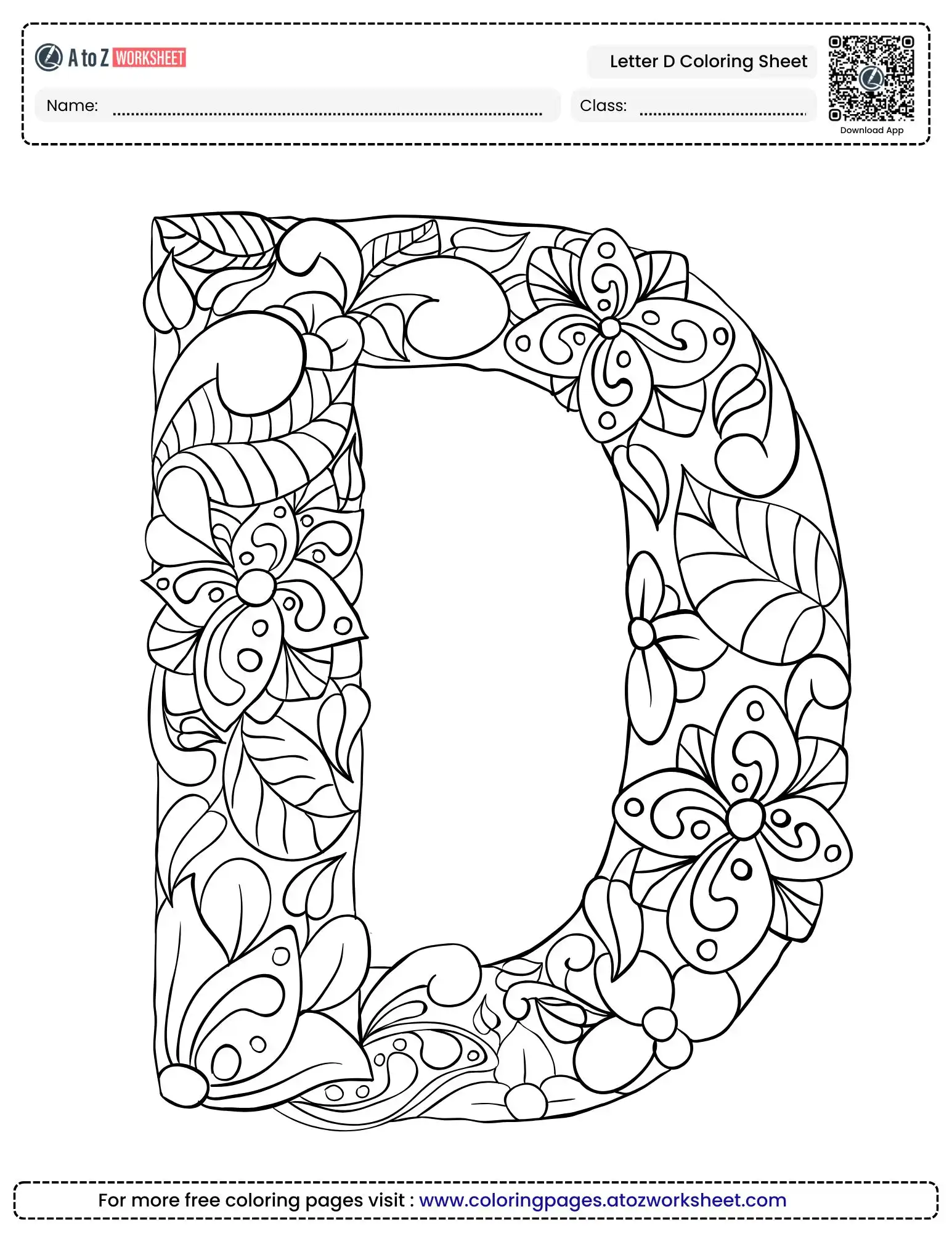 Free Letter D Coloring Sheet with Floral Art in PDF