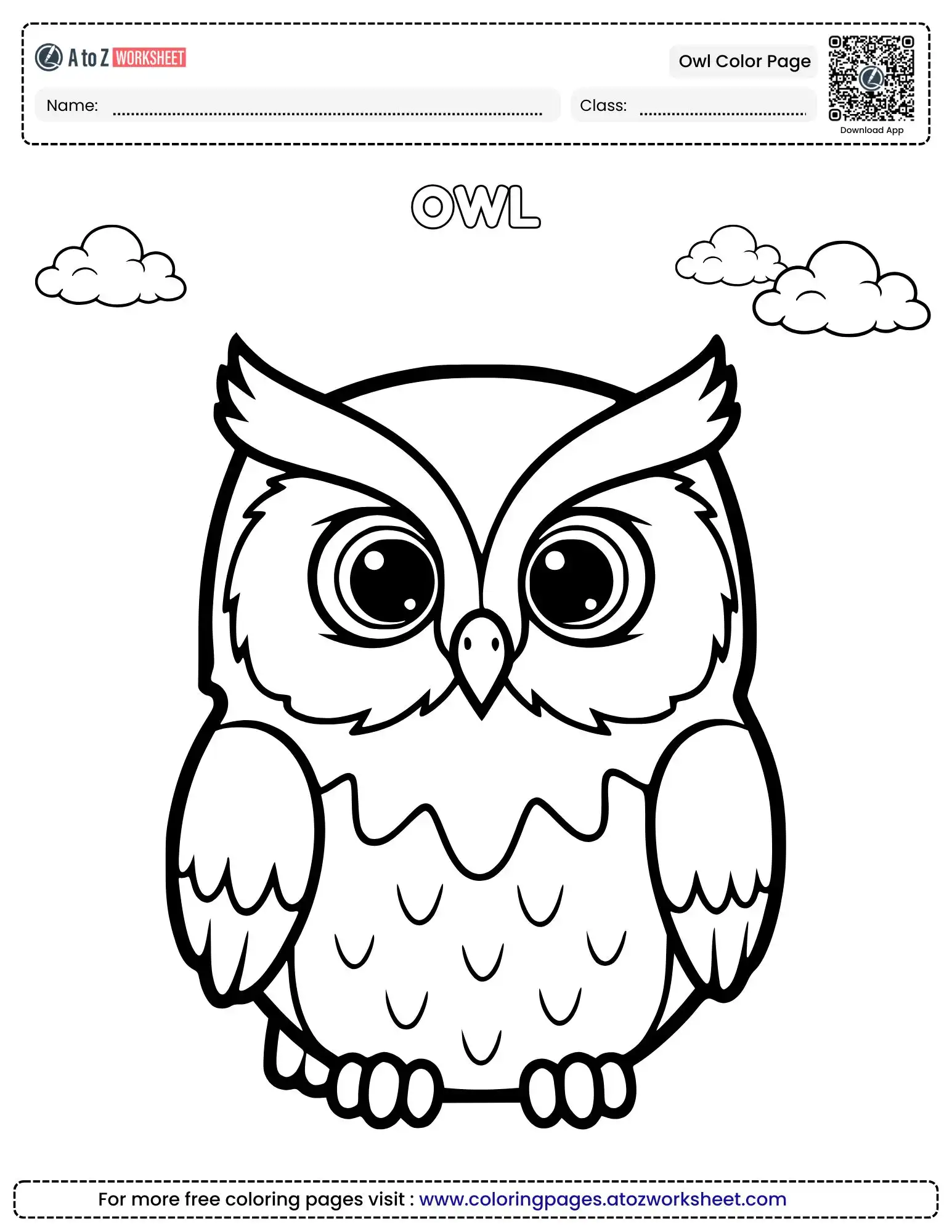 Printable Owl Color Page with Cute Big Eyes