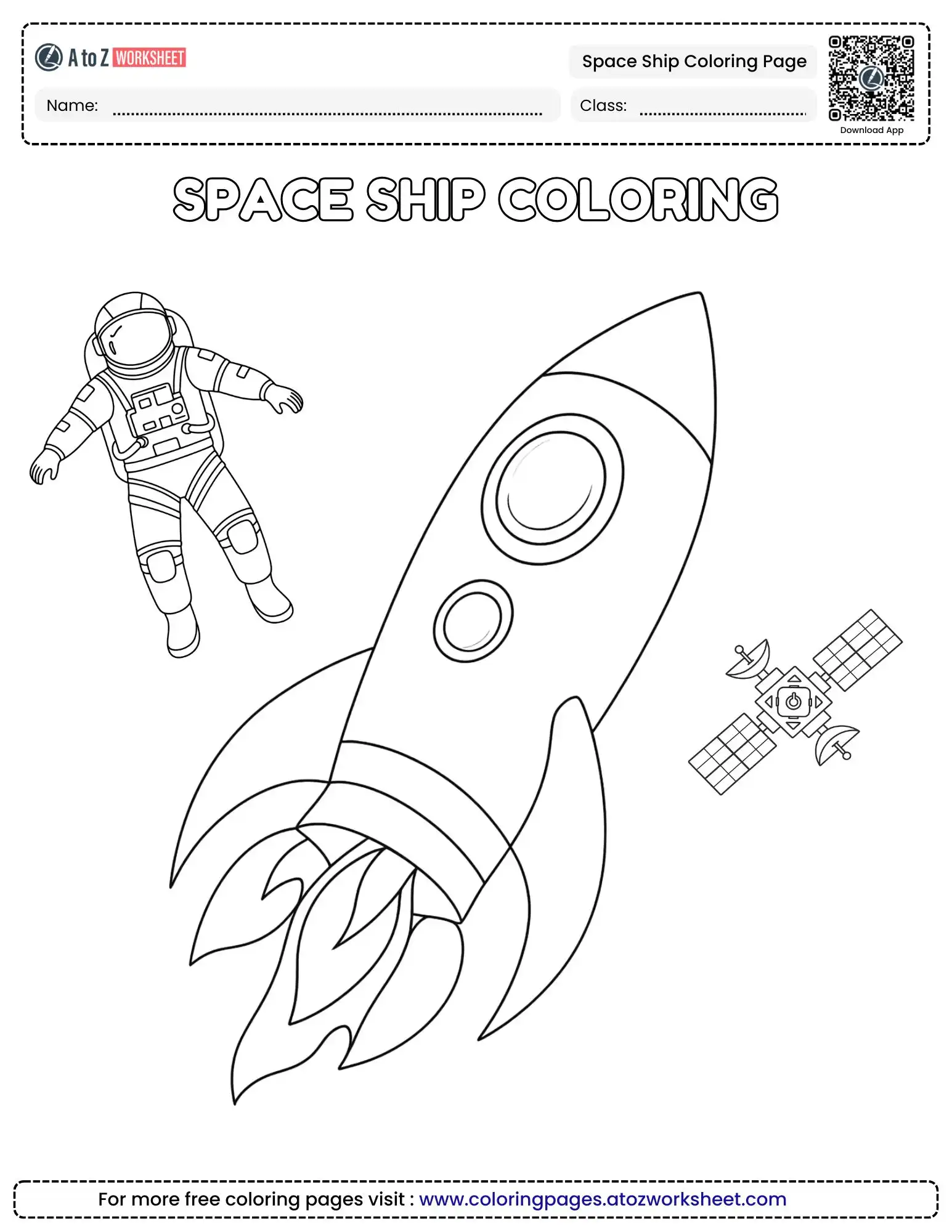 Download Free Clean Line Art Deep Space Space Ship Coloring Page In PDF Format For Kids