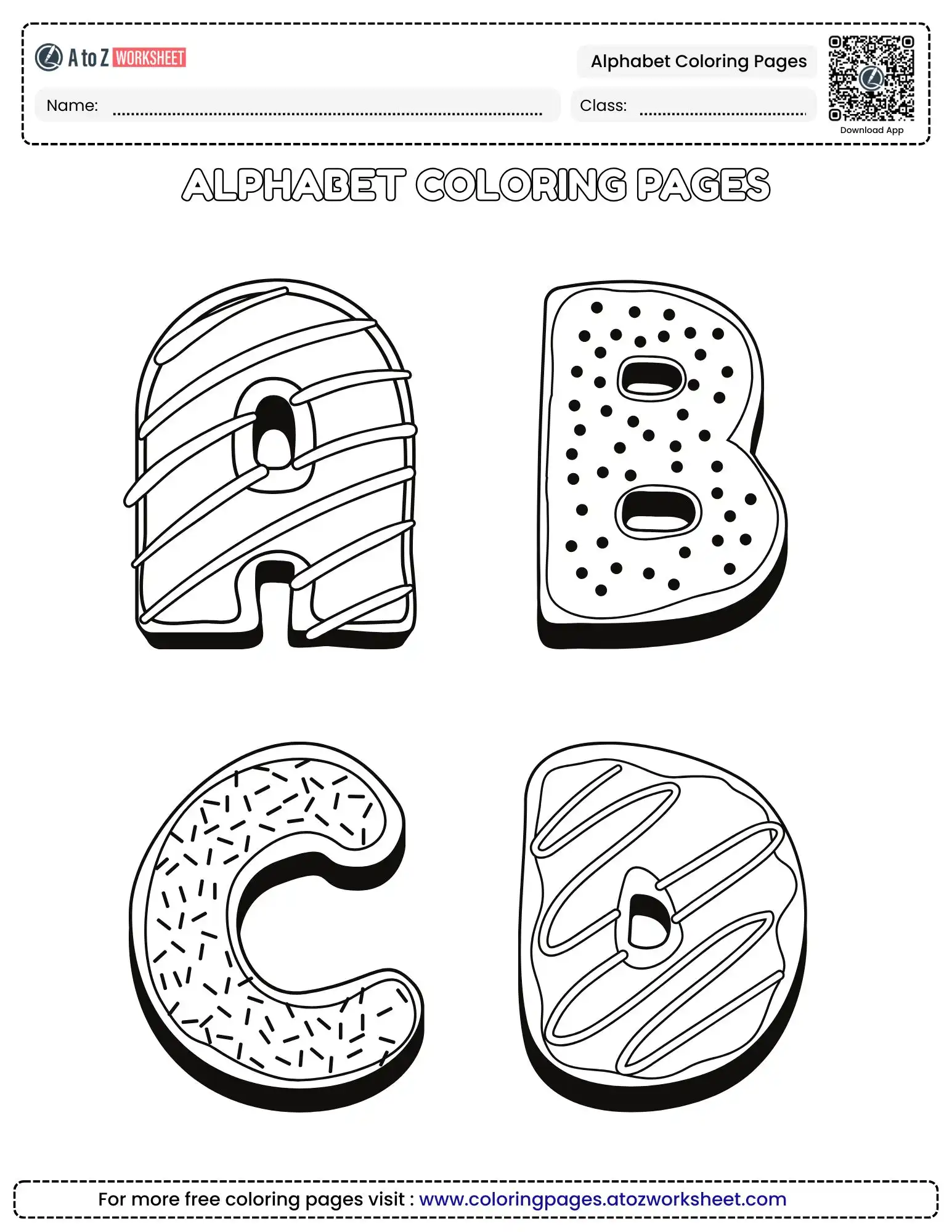 alphabet coloring pages featuring letters a b c and d with cookie patterns