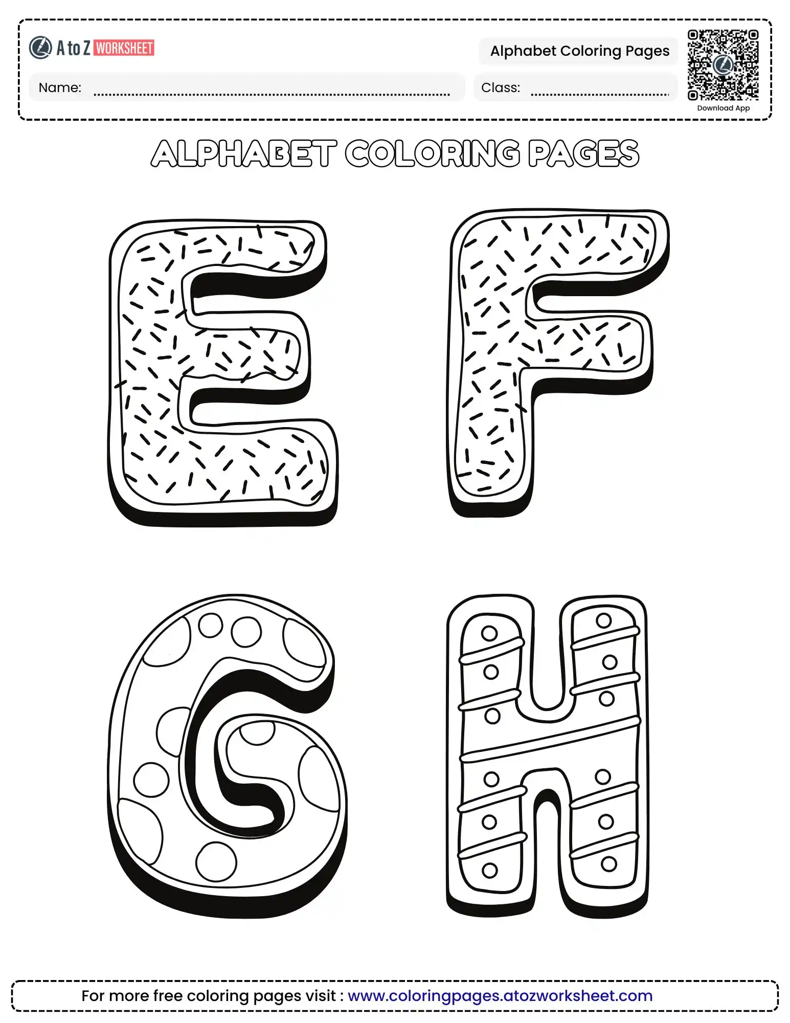 alphabet coloring pages for preschool featuring e f g and h
