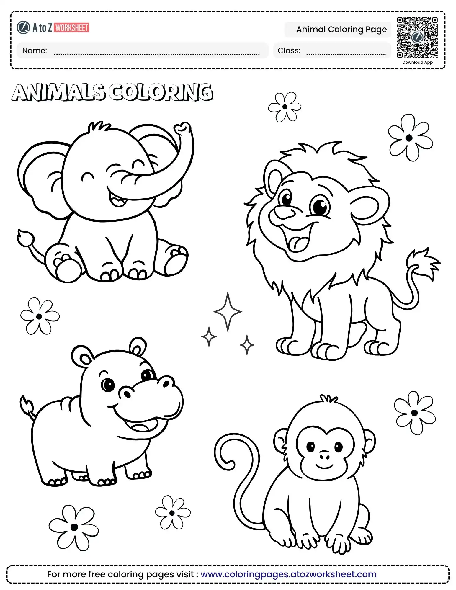 animal-coloring-page animal coloring page featuring a lion elephant hippo and monkey