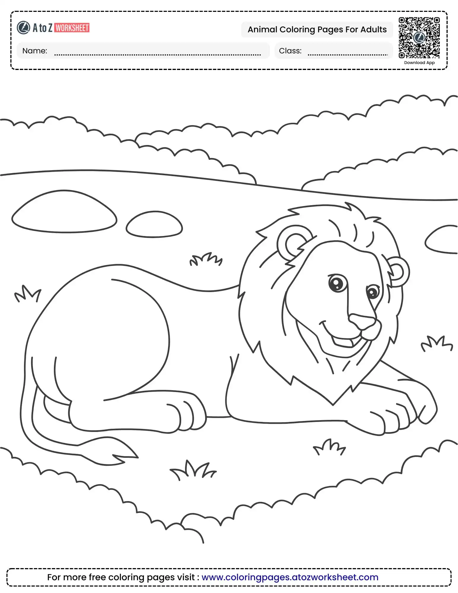 animal-coloring-pages-for-adults-1 animal coloring pages for adults featuring a lion lying in the savanna with hills