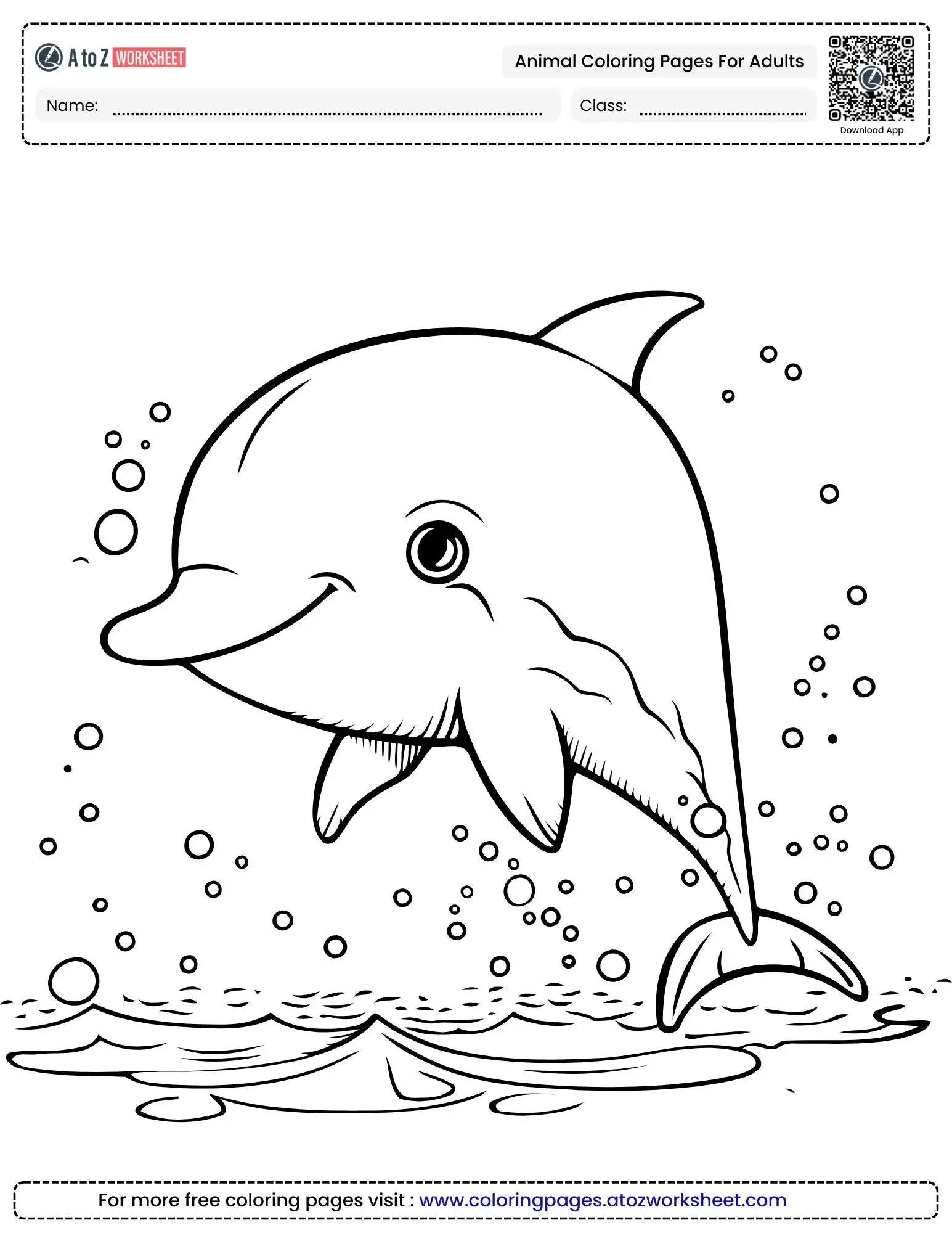 Free Printable Animal Coloring Pages for Adults to Enhance Focus 1 animal coloring pages for adults showing a dolphin jumping over waves with bubbles