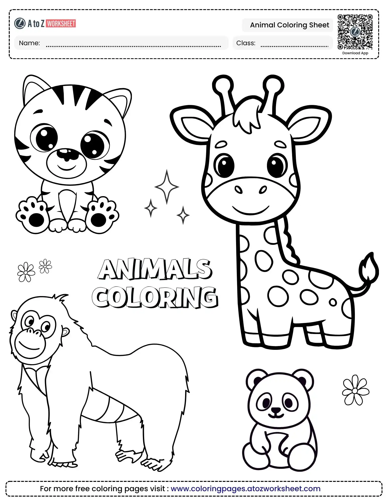 animal coloring sheet featuring a cute giraffe tiger gorilla and panda