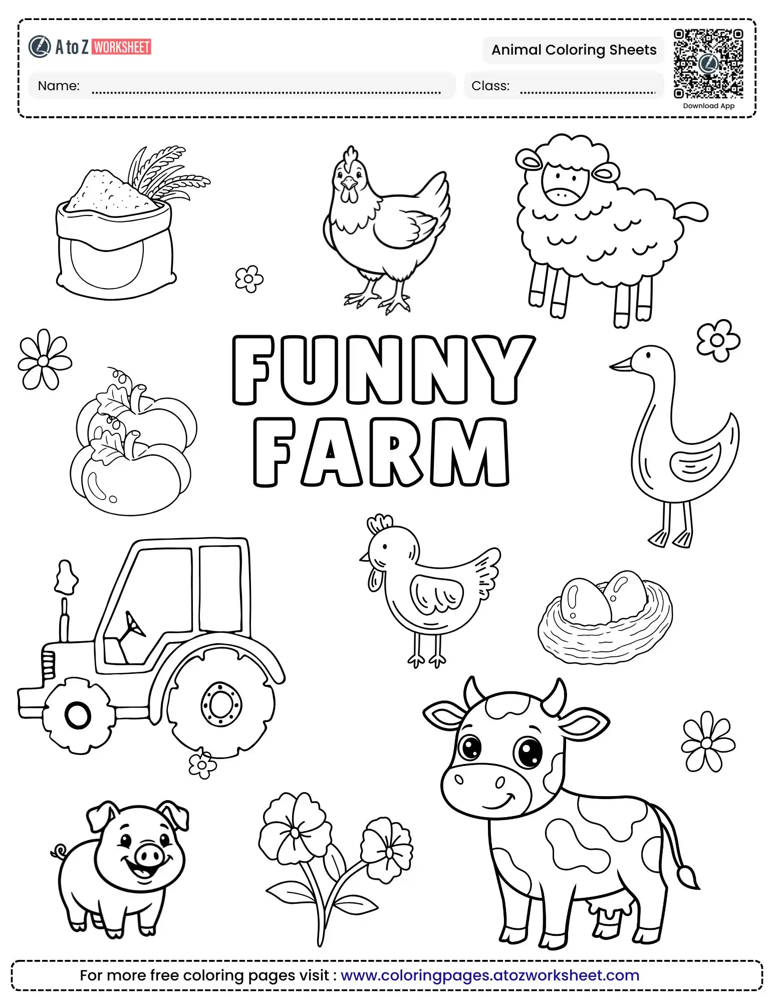 animal coloring sheets showing various farm animals and a tractor
