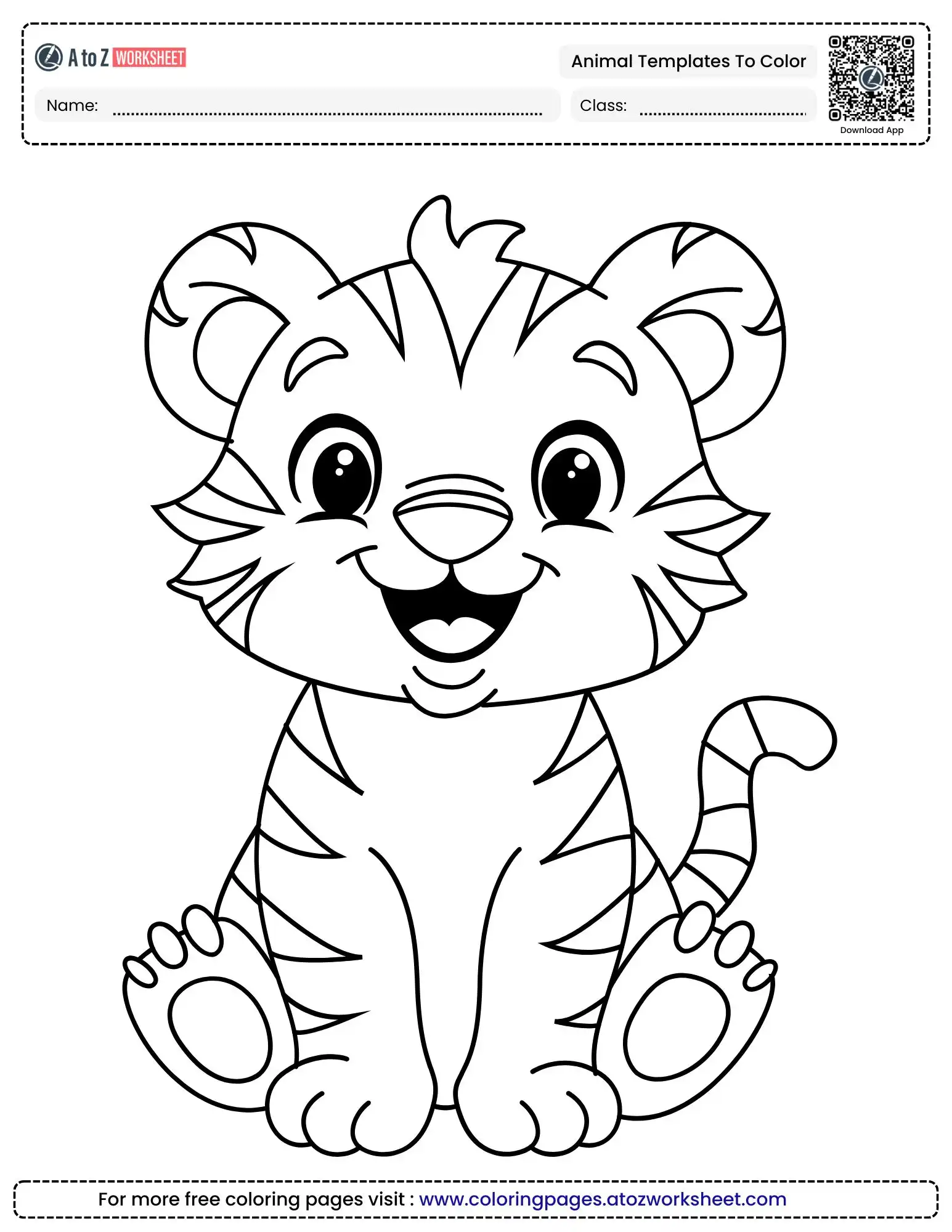 animal templates to color featuring a happy baby tiger with bold stripes