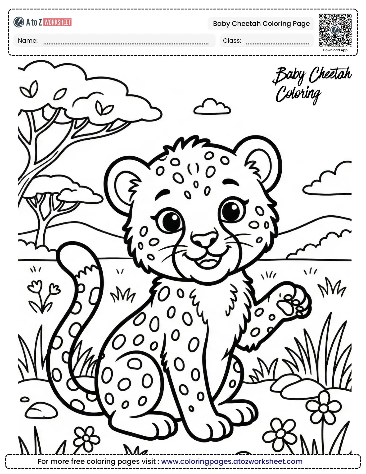 baby cheetah coloring page free printable with safari trees and flowers