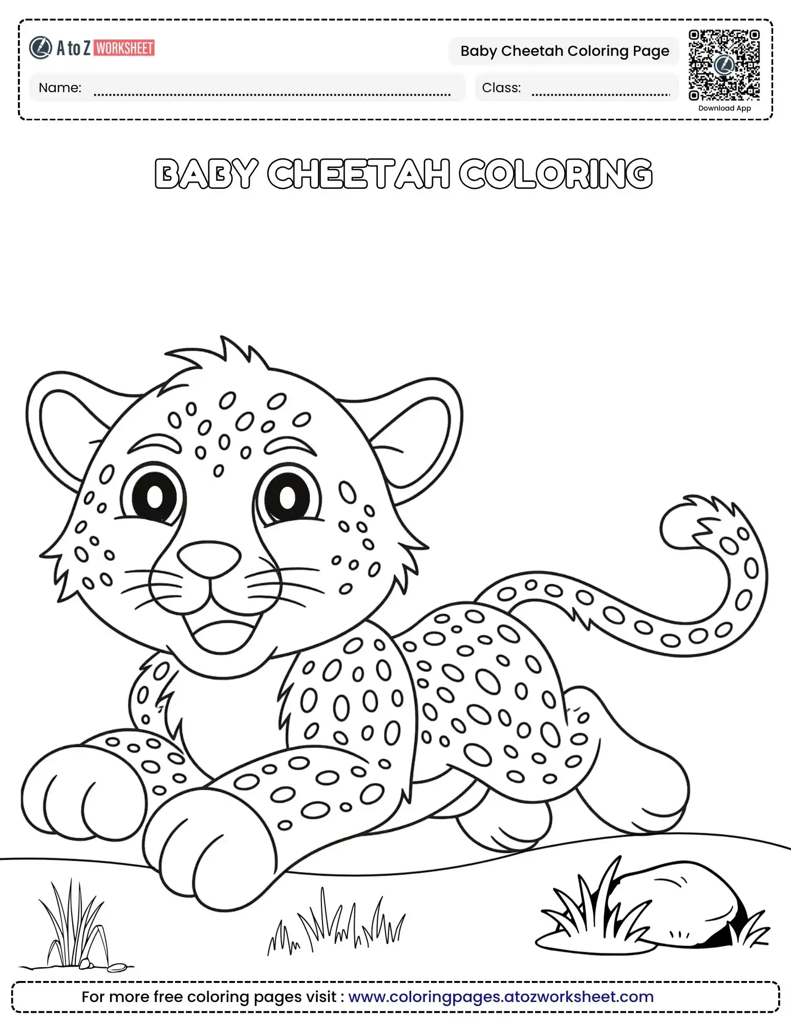 baby cheetah coloring page printable showing a cub running outdoors