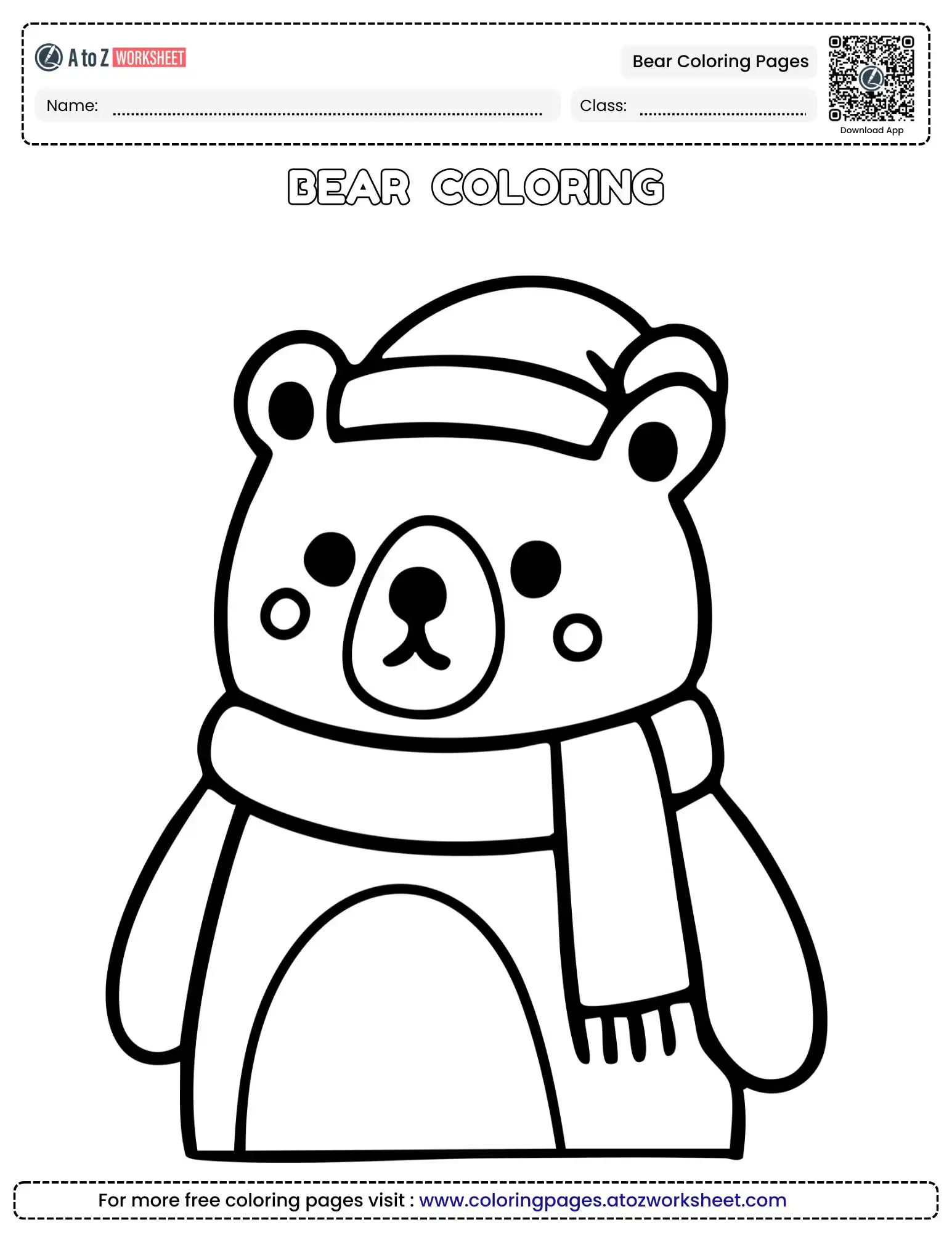 bear coloring pages showing a cartoon bear with a scarf