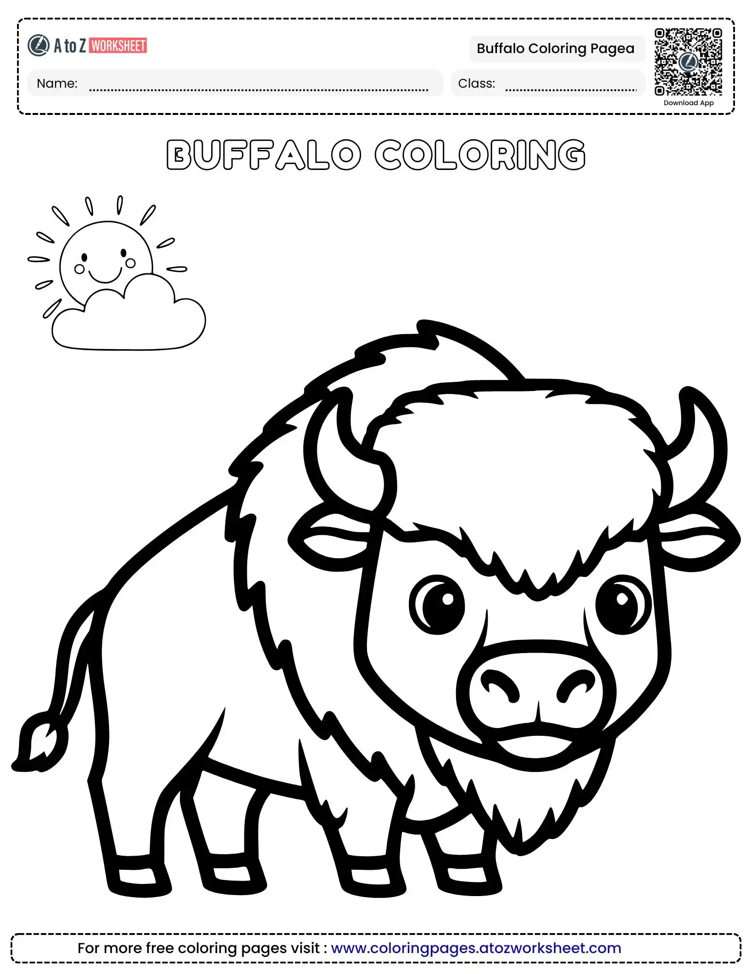 buffalo coloring pages with a smiling sun and clouds