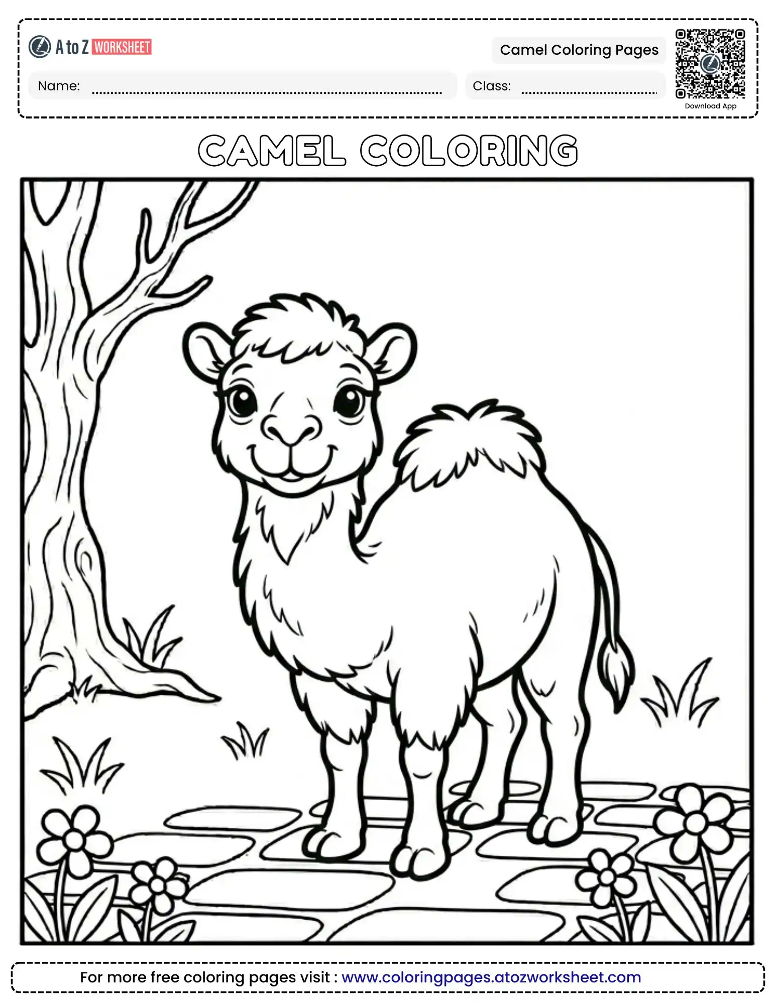 animals coloring sheet with a camel in a garden