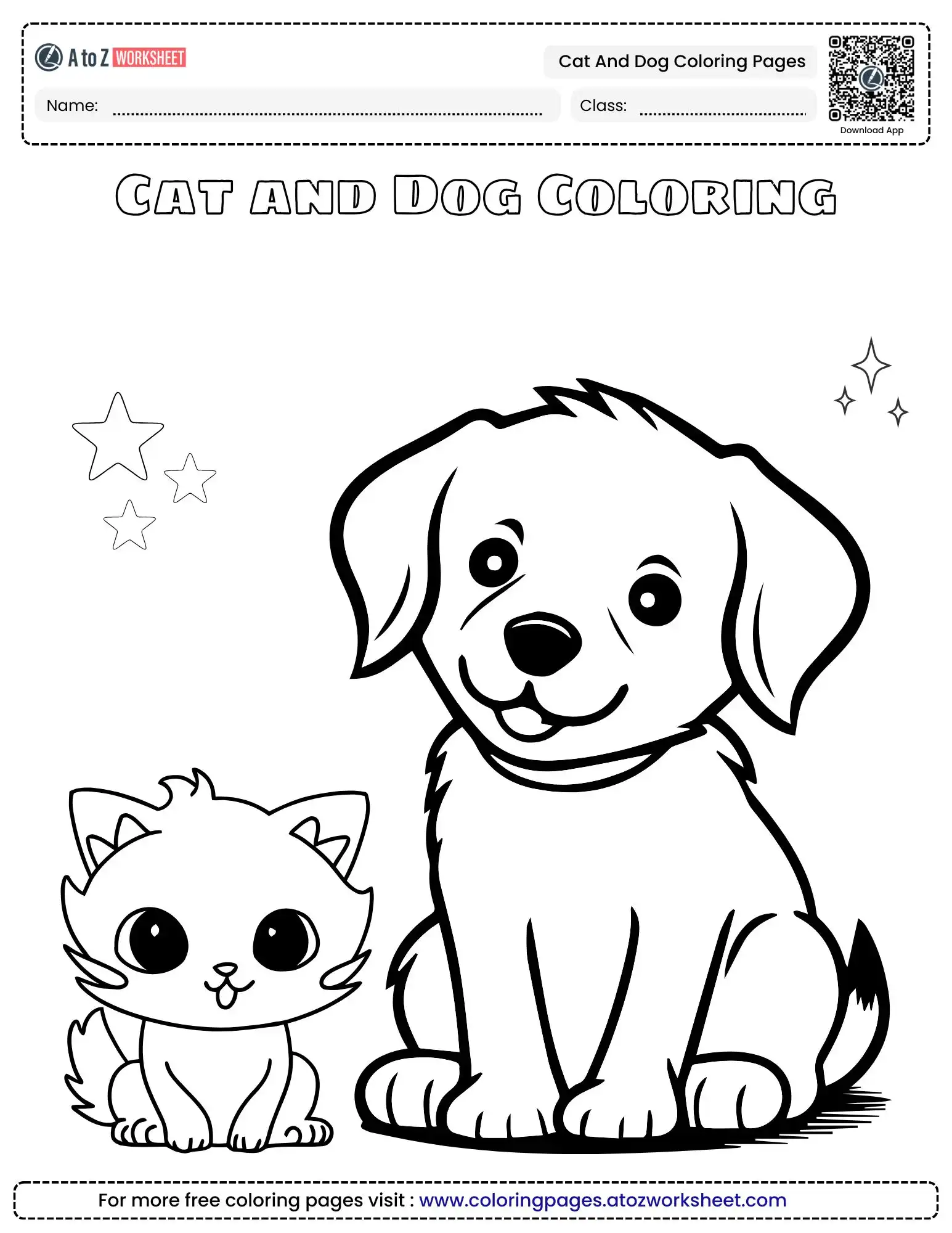 cat and dog coloring pages featuring a cute puppy and kitten sitting together with stars in the sky.