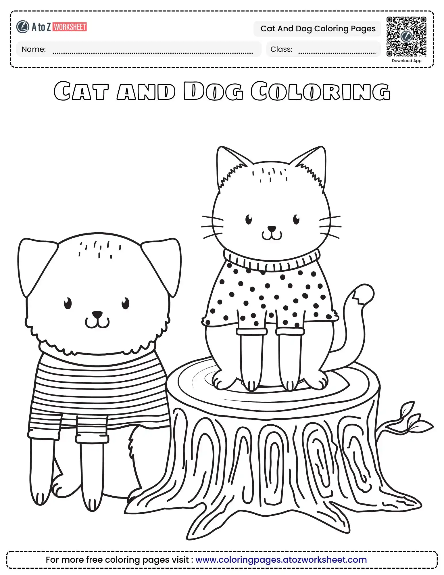 cat and dog coloring pages showing a cat in a polka dot sweater sitting on a tree stump next to a dog in a striped sweater.