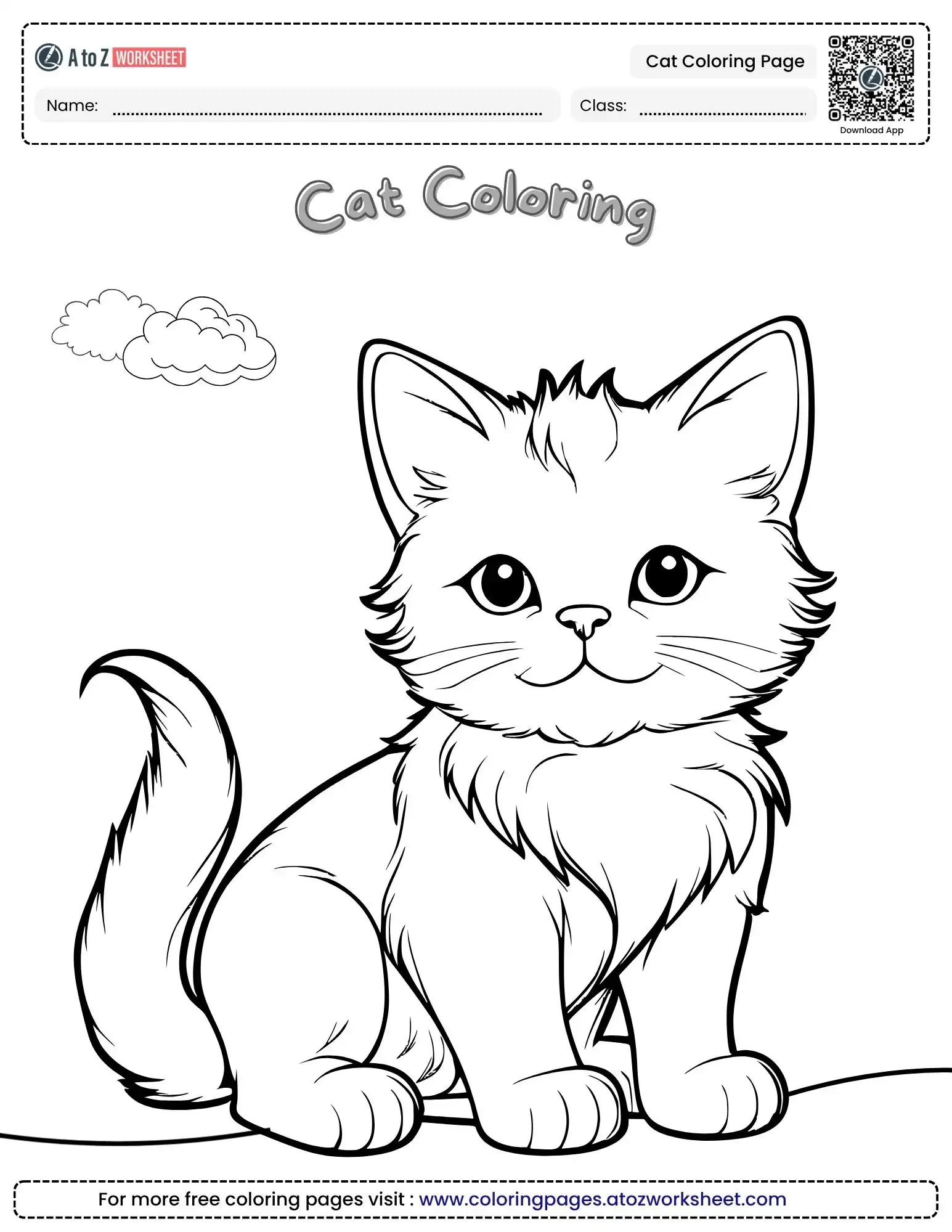 cat coloring page featuring a cute fluffy kitten sitting outdoors with clouds in the sky.