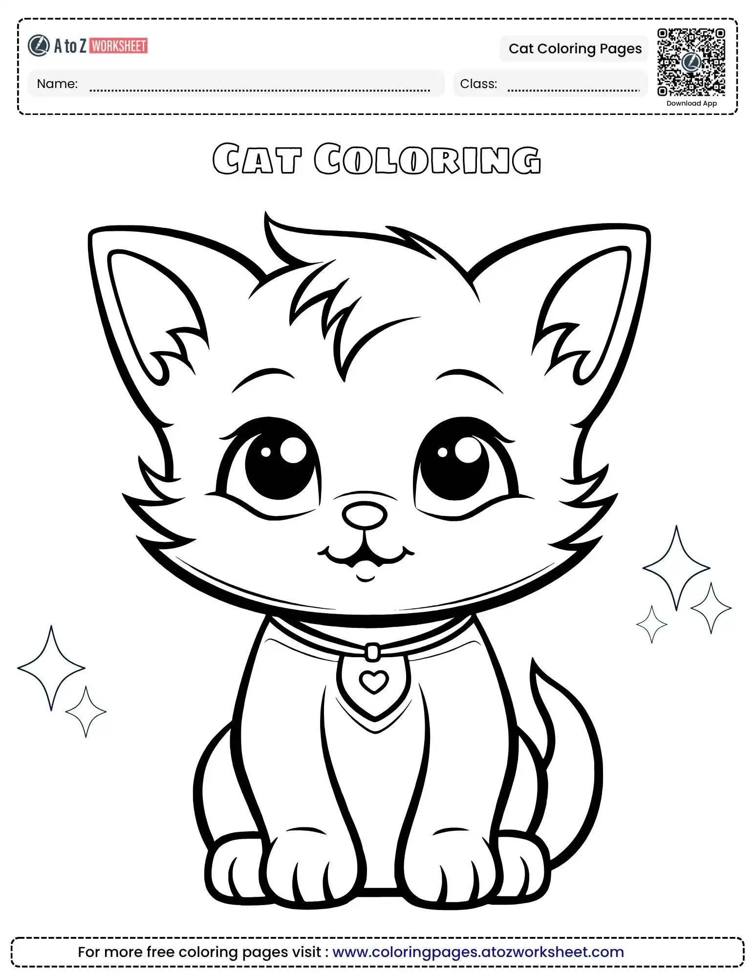 cat coloring pages featuring a cute sitting kitten with a heart collar and twinkly stars.