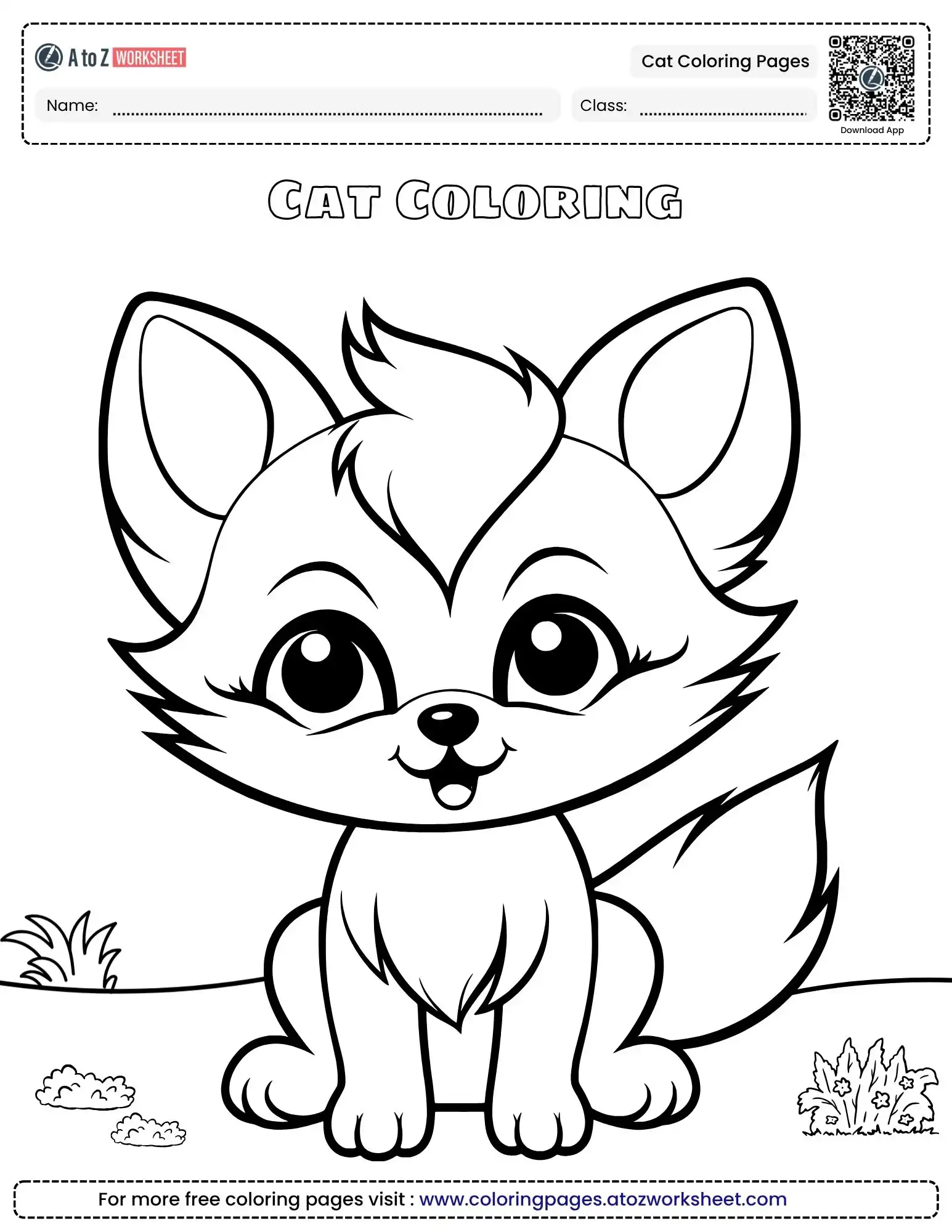 cat coloring pages featuring a fluffy kitten sitting on a grassy hill with flowers.