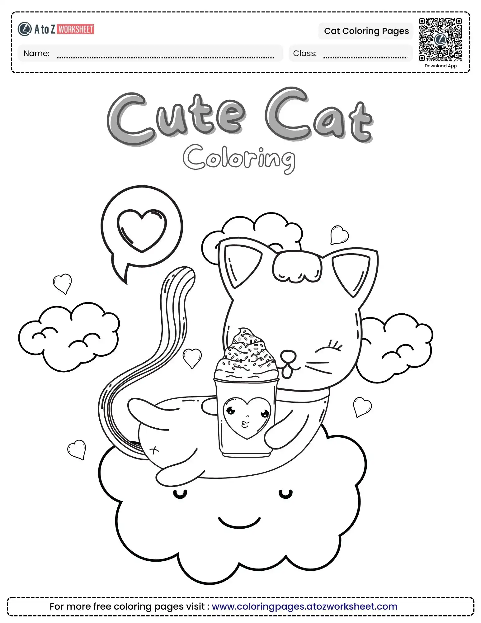 cat coloring pages featuring a cat on a cloud holding a heart-themed drink.