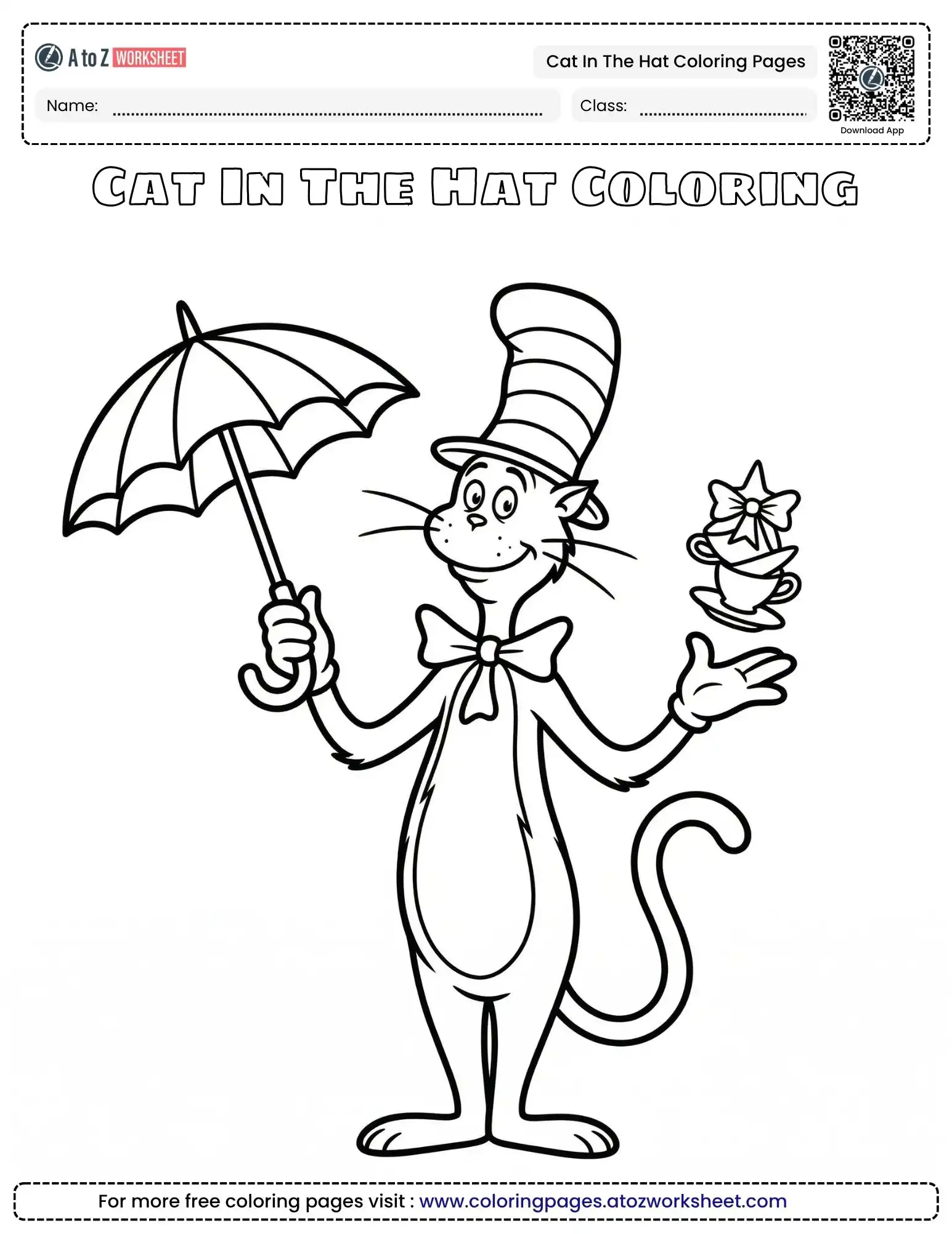 cat in the hat coloring pages featuring the tall cat balancing teacups and holding an umbrella.