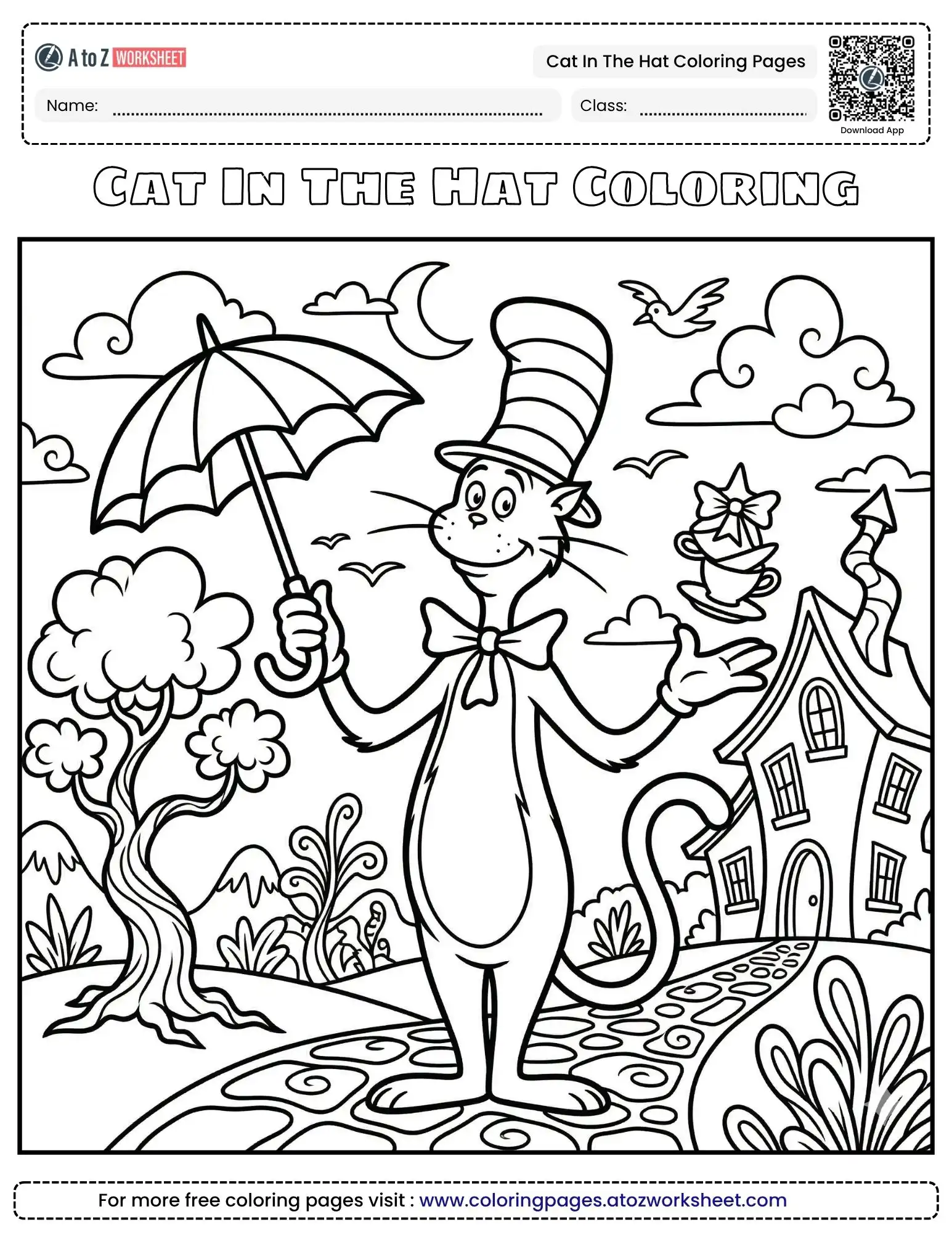 cat in the hat coloring pages showing the cat on a path in front of a whimsical Dr. Seuss style house.