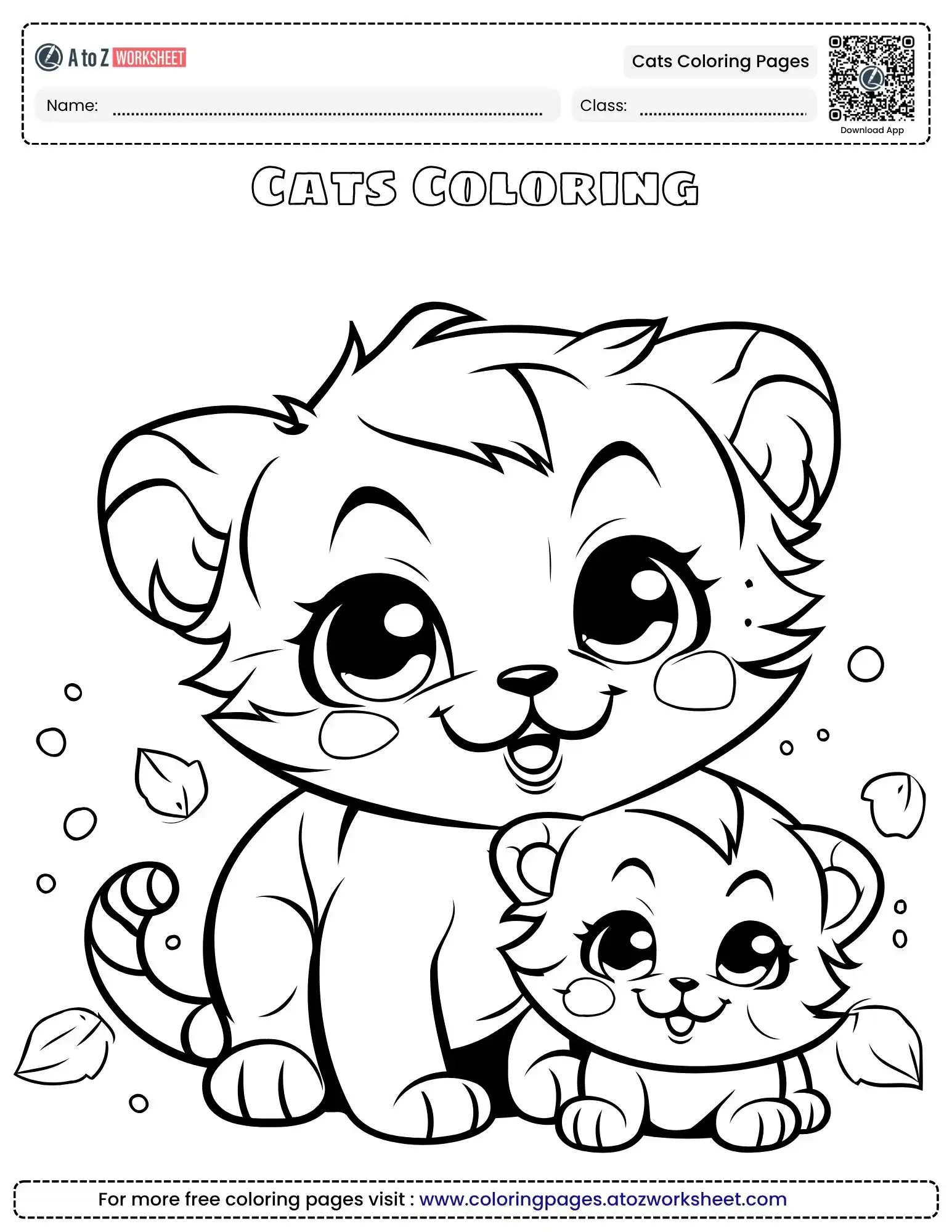 cats coloring pages showing two playful kittens sitting among falling leaves and bubbles.