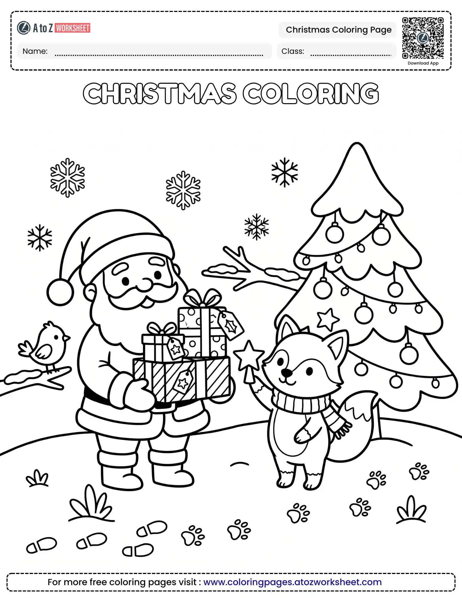christmas coloring page featuring santa claus with a fox and gifts