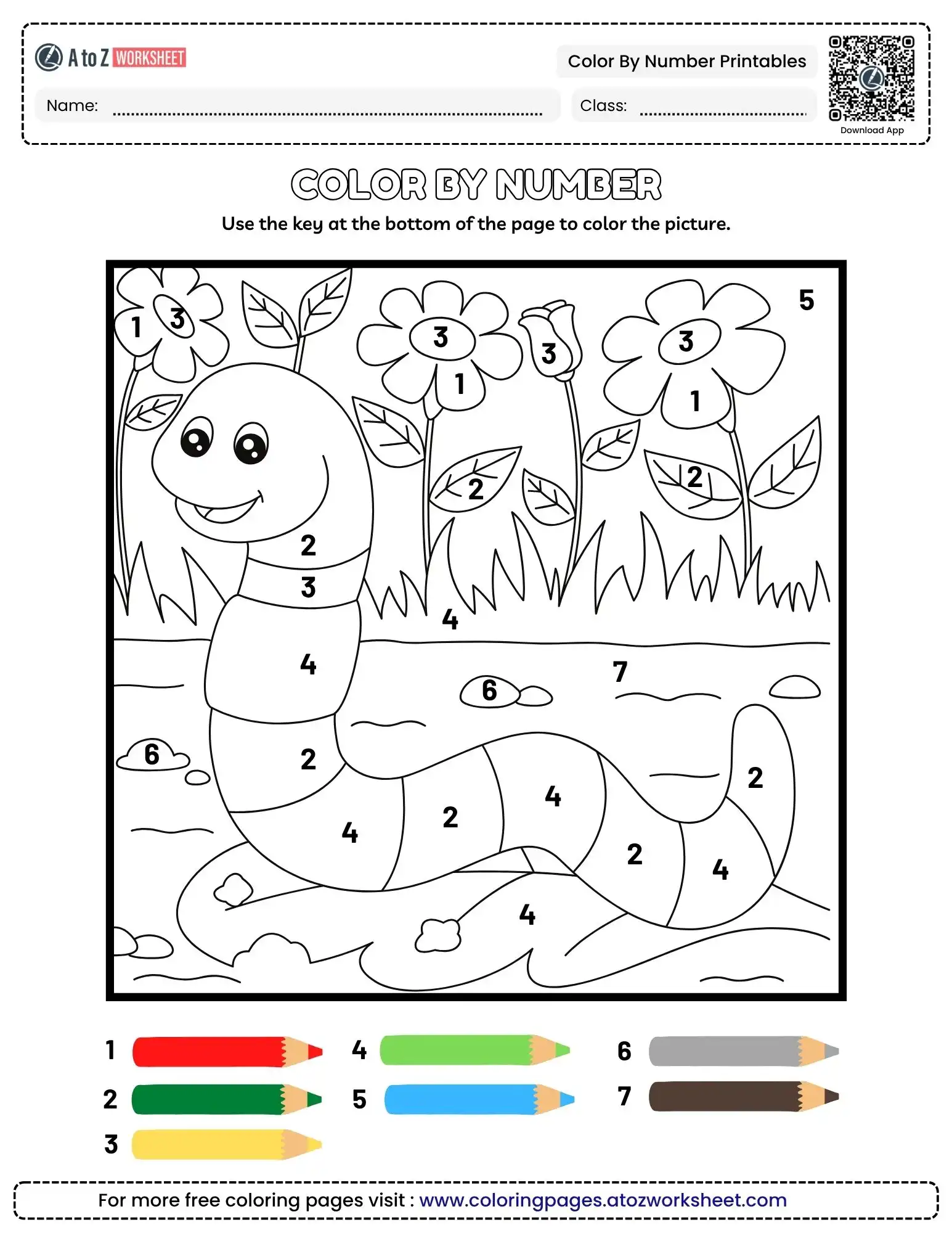 color by number printables featuring a happy worm in a garden