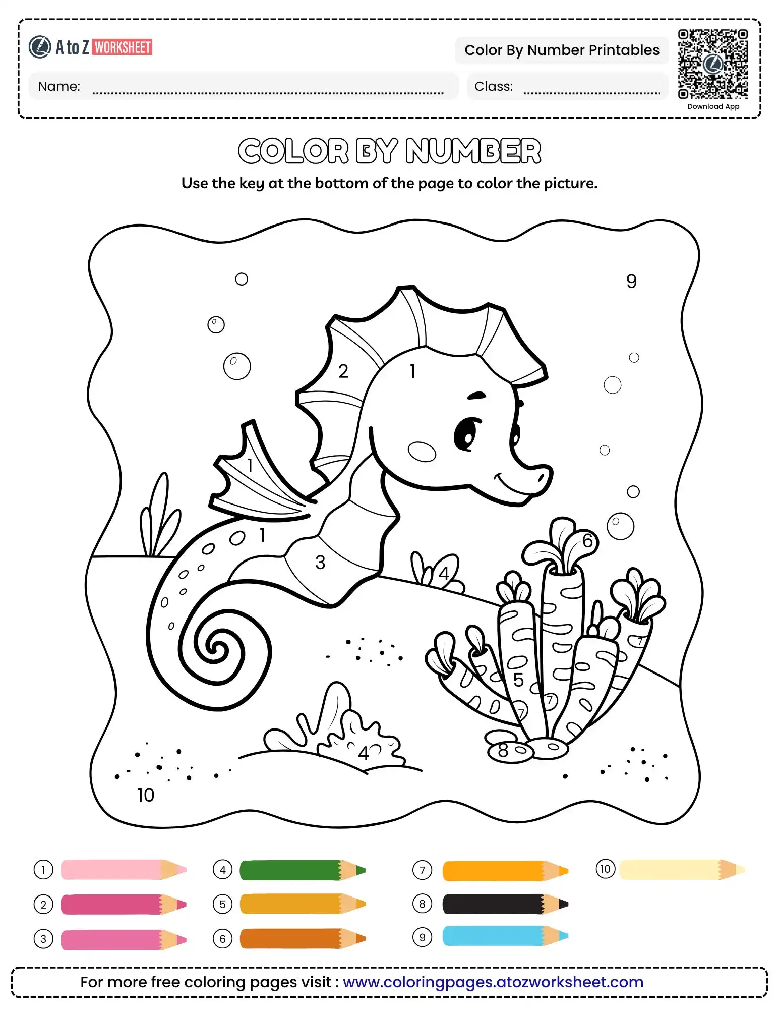 color by number printables featuring an ocean seahorse