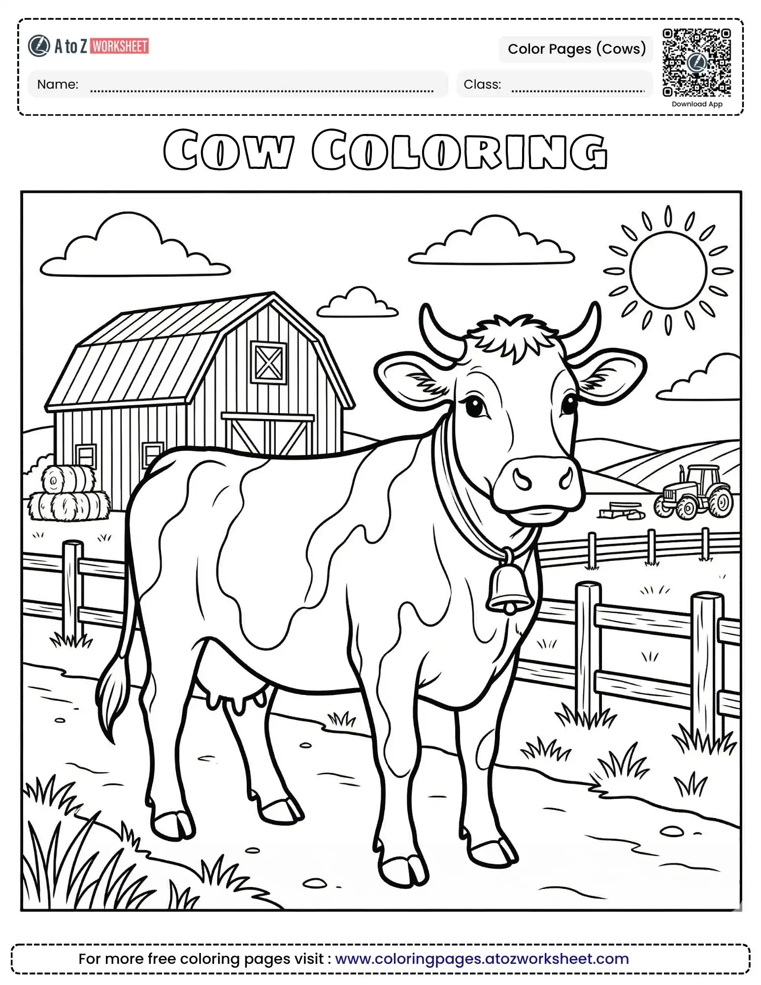 color pages for cows featuring a detailed cow with a bell standing in front of a barn.