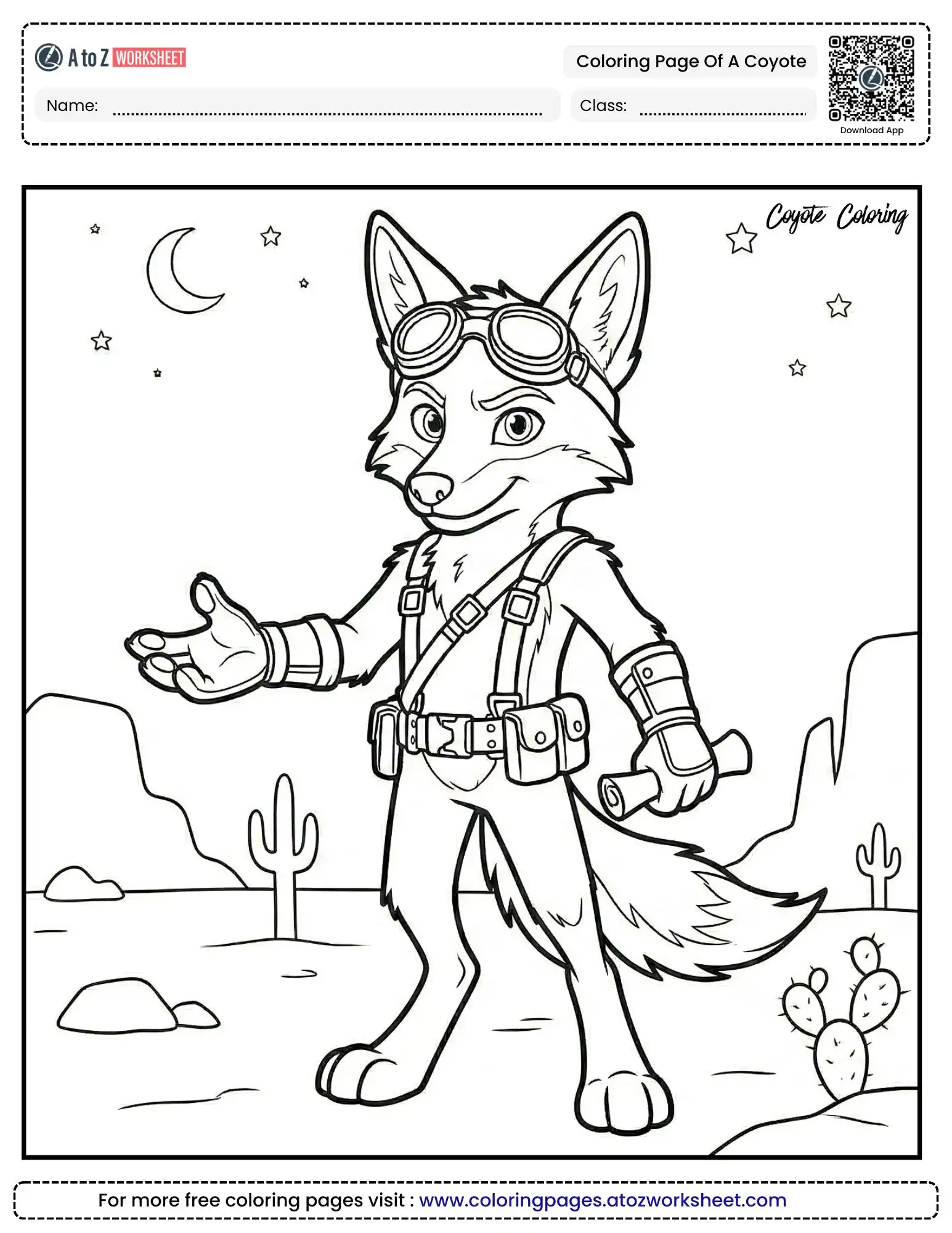 coloring page of a coyote hero with goggles and a belt