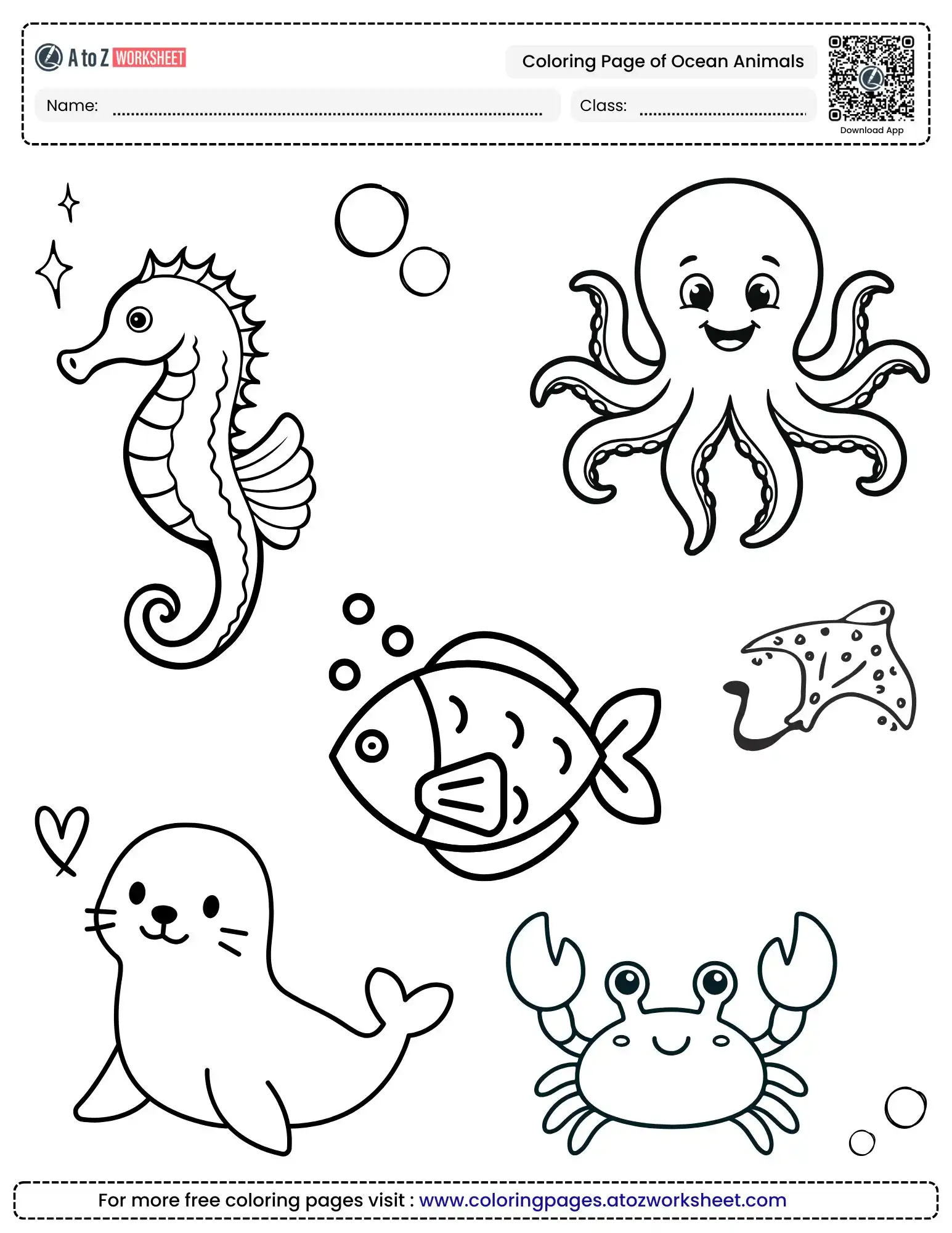 coloring page of ocean animals featuring a seahorse octopus fish seal and crab