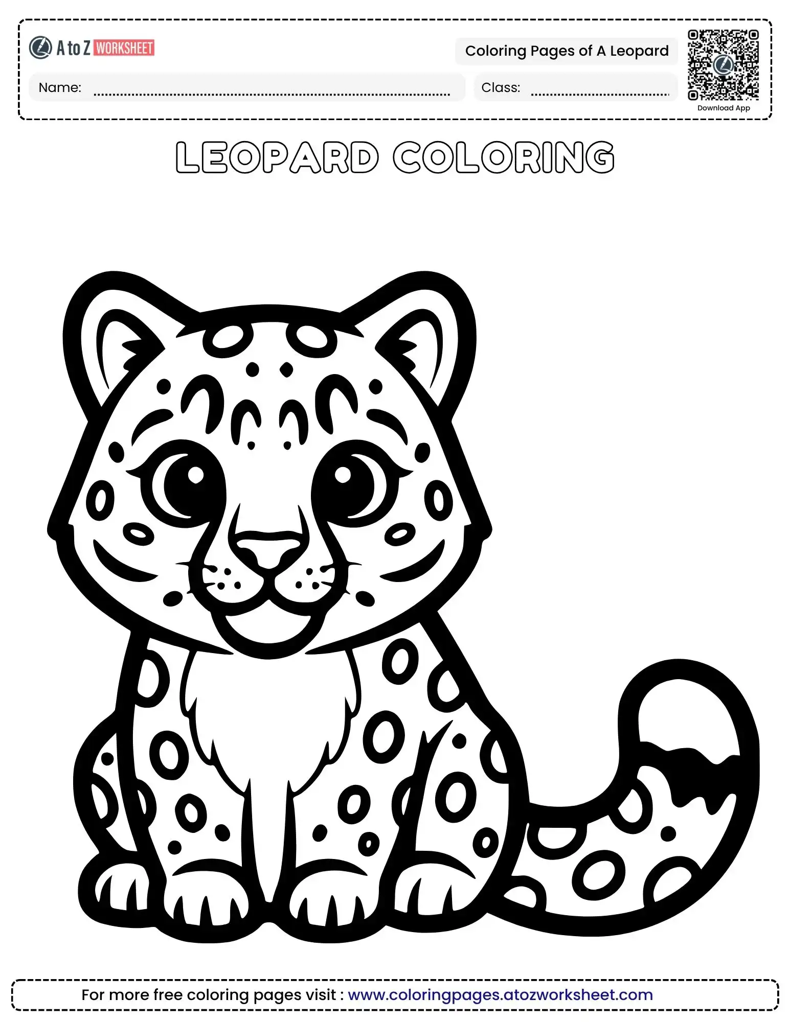 coloring pages of a leopard kids printable featuring a cute sitting cub with big eyes