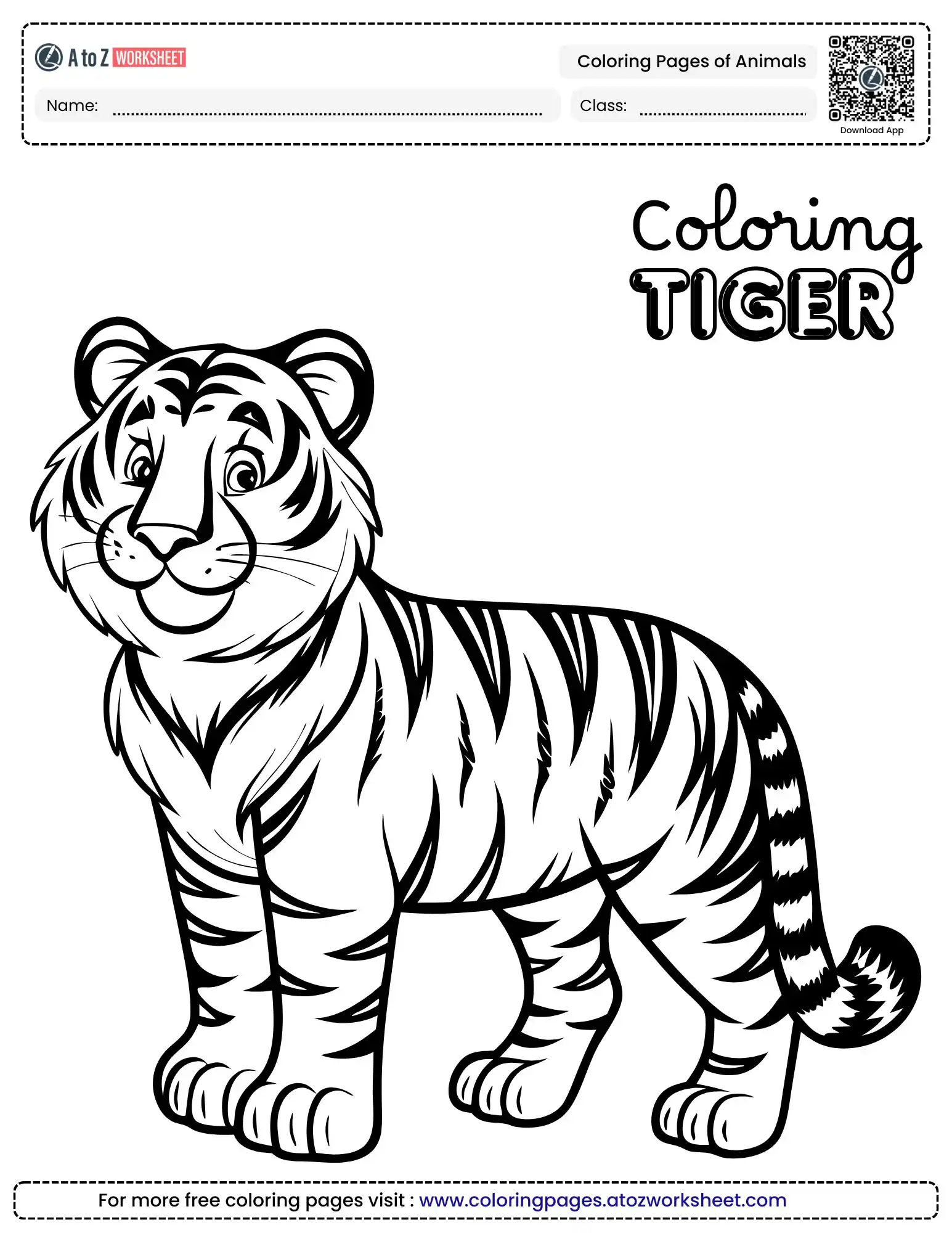 coloring pages of animals featuring a happy standing tiger with bold stripes