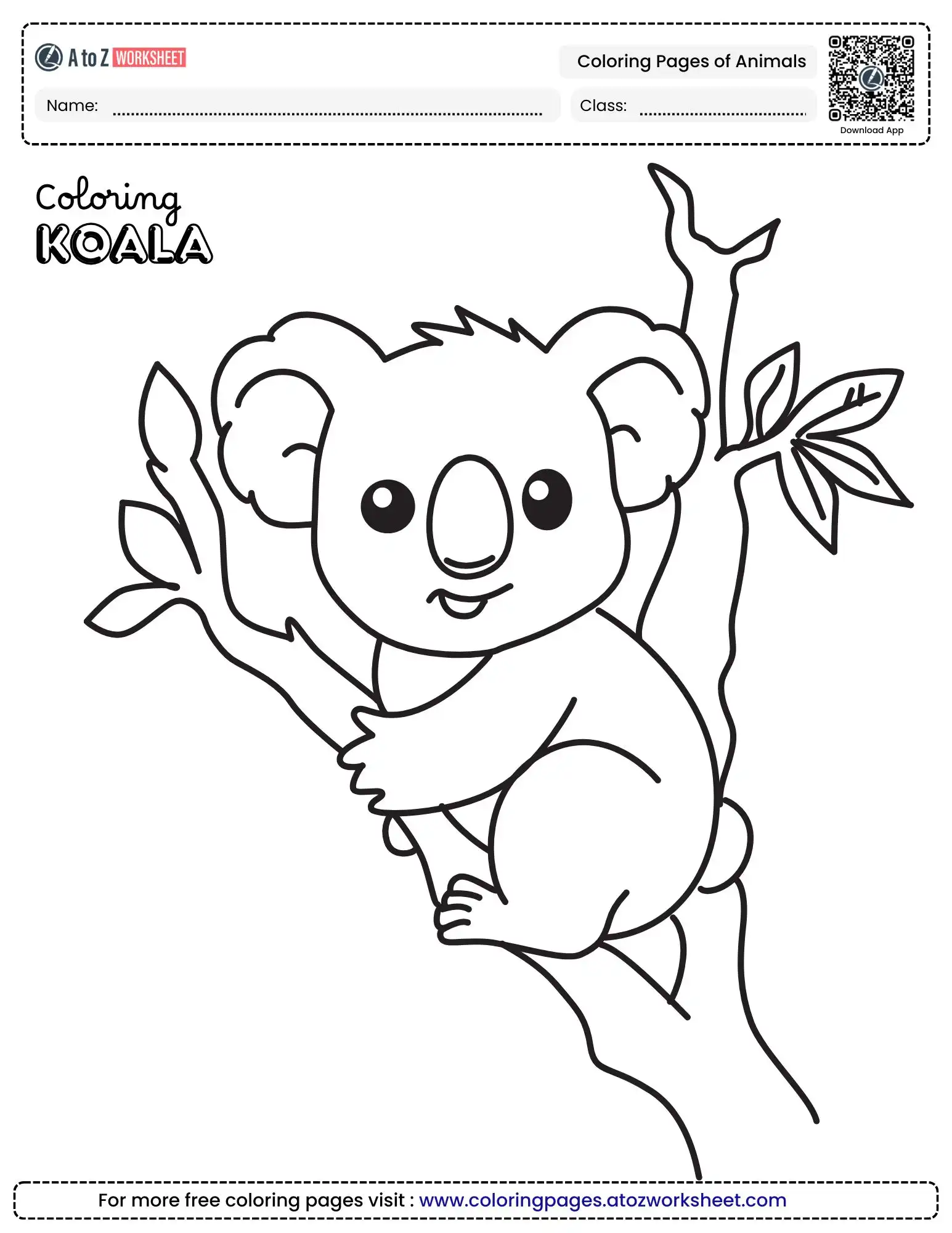 coloring pages of animals featuring a cute koala sitting on a tree branch
