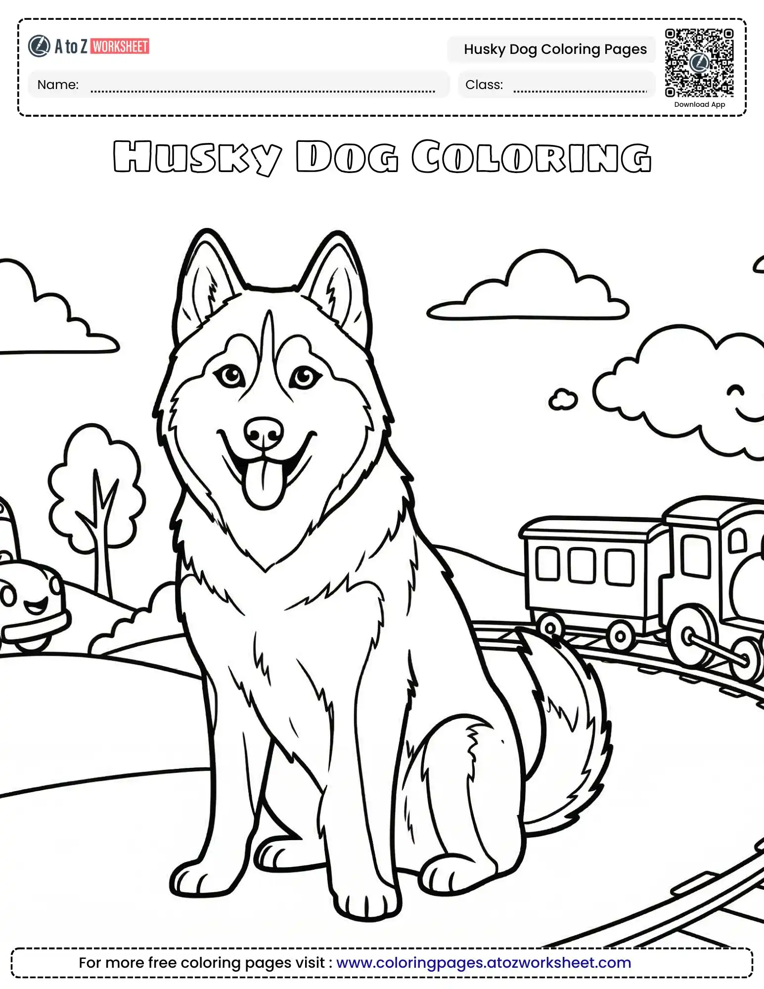 coloring pages of husky dogs featuring a happy siberian husky sitting near a train on a track.