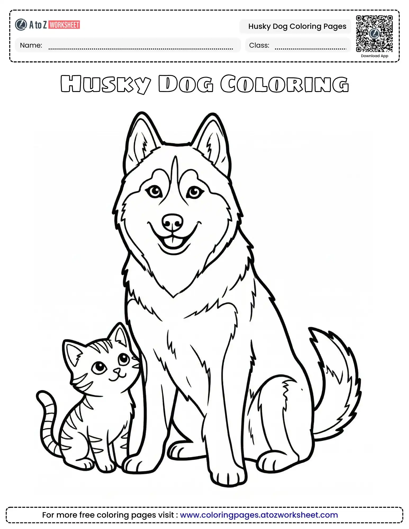 coloring pages of husky dogs featuring a large husky sitting next to a tiny striped kitten.