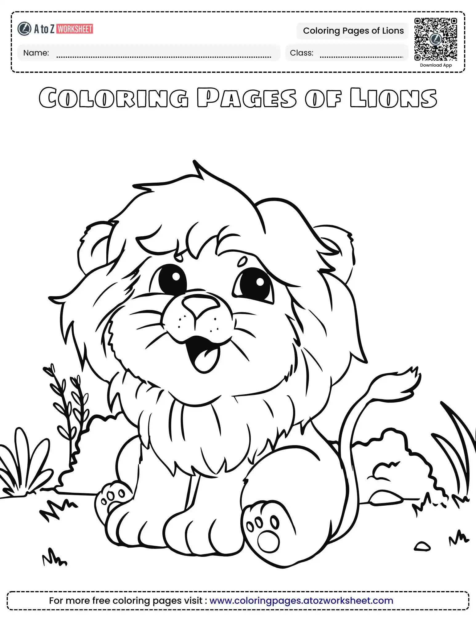 coloring pages of lions showing a happy lion cub sitting in the grass with plants and flowers.