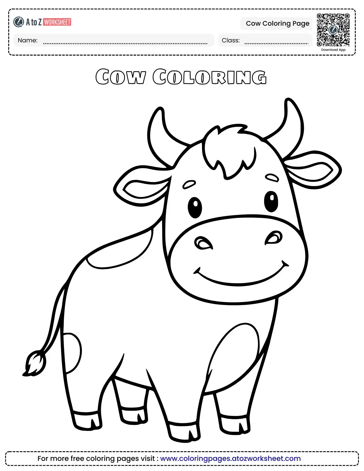 cow coloring page featuring a cute smiling calf with spots and small horns.