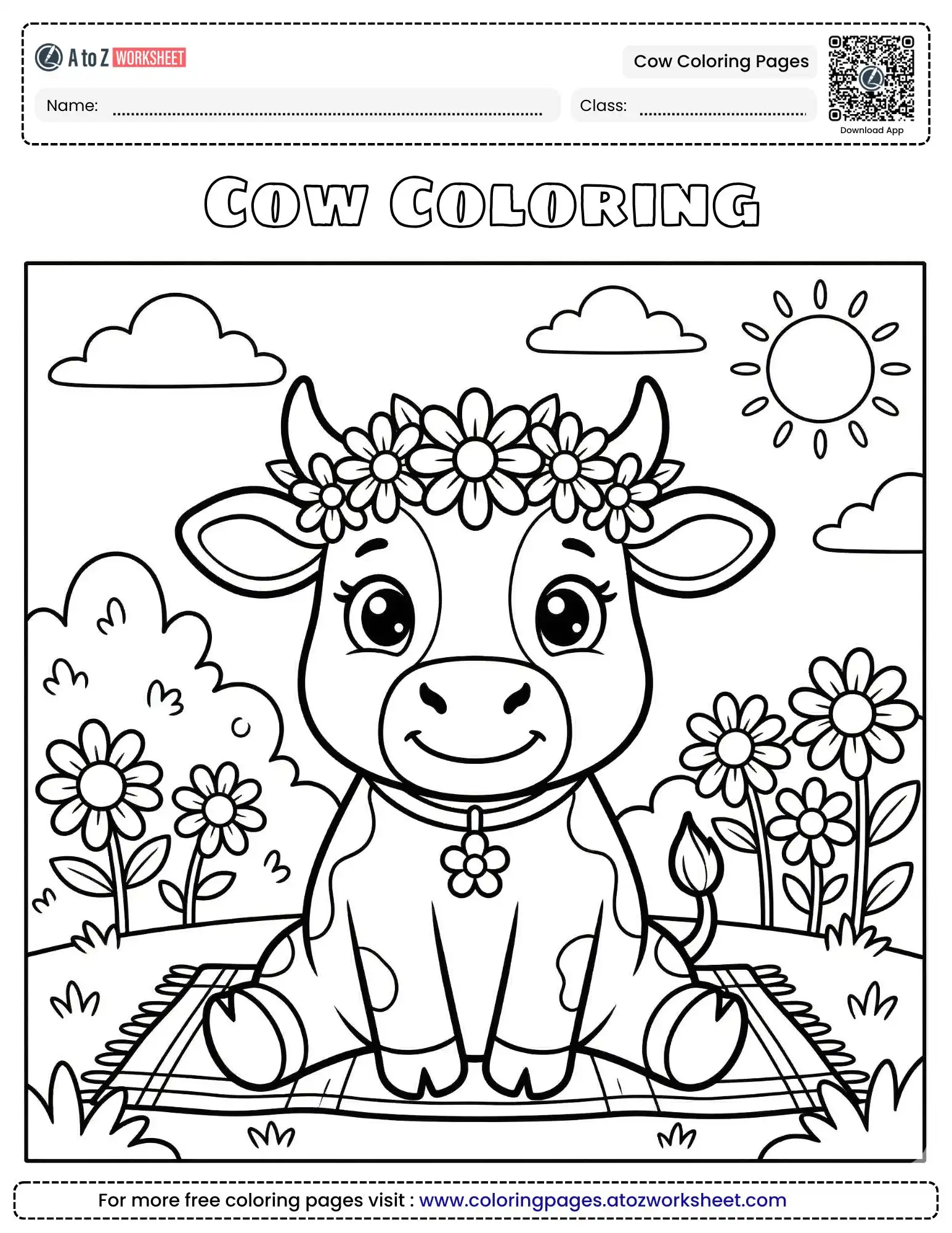 cow coloring pages featuring a cute calf wearing a flower crown in a daisy field.