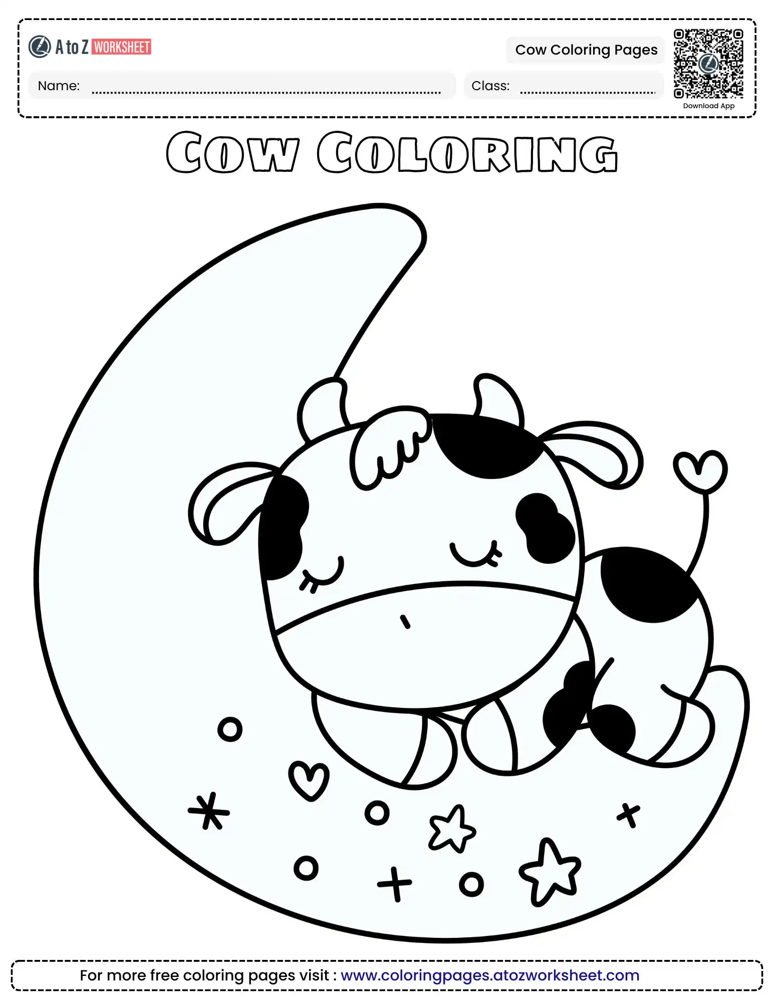 cow coloring pages featuring a tiny cow sleeping peacefully on a crescent moon.