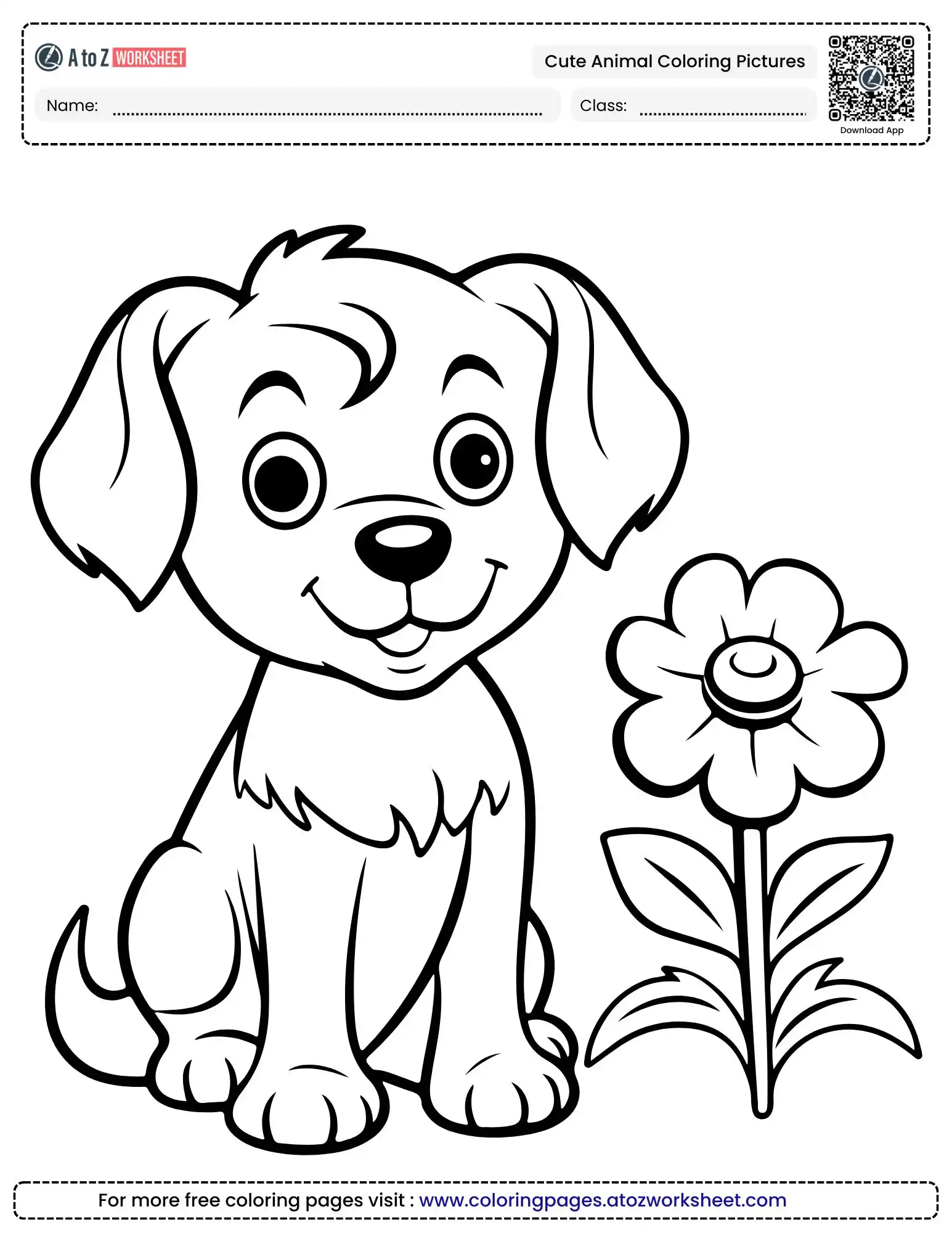 cute animal coloring pictures featuring a happy puppy sitting next to a large flower