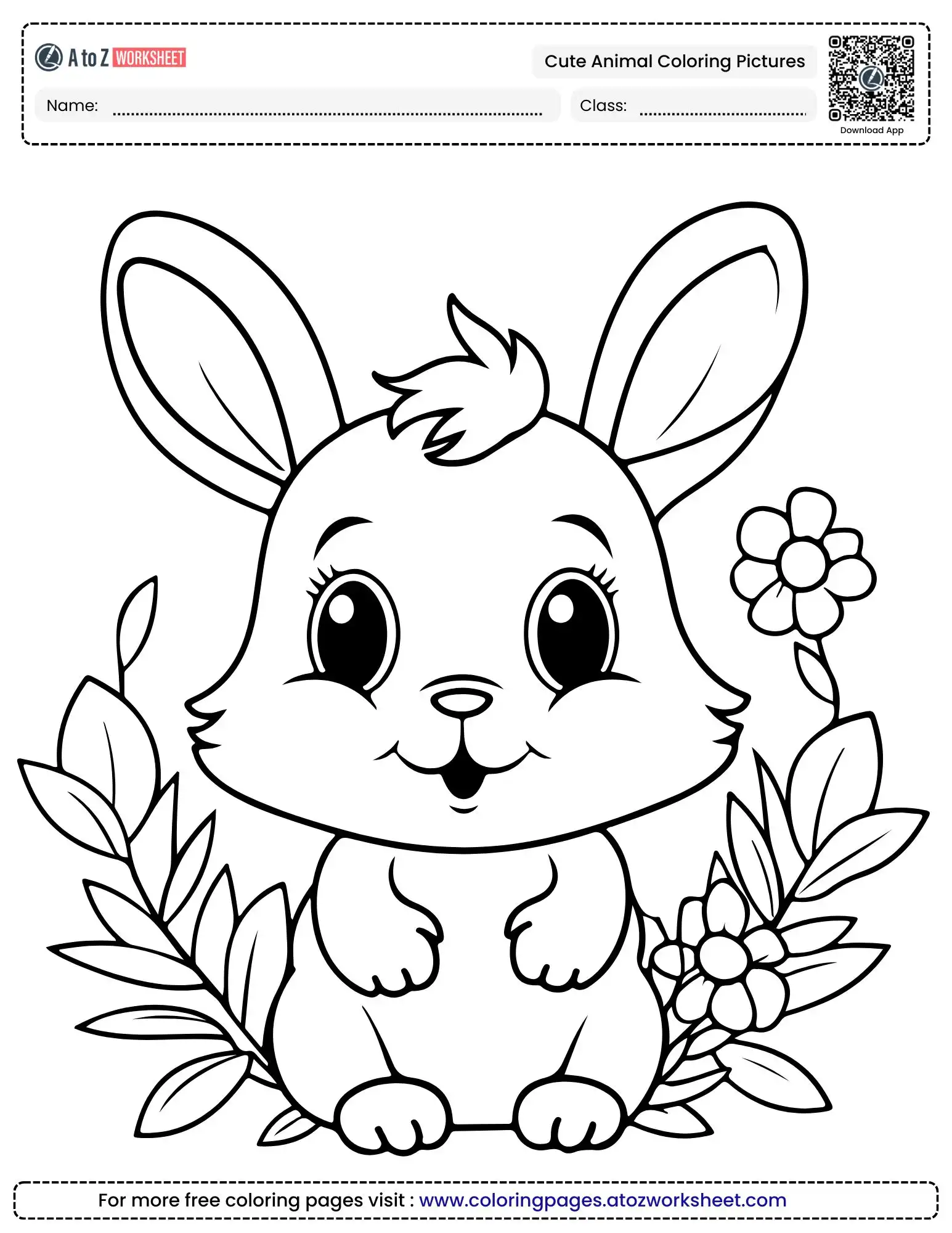 cute animal coloring pictures showing a sweet bunny surrounded by leaves and flowers
