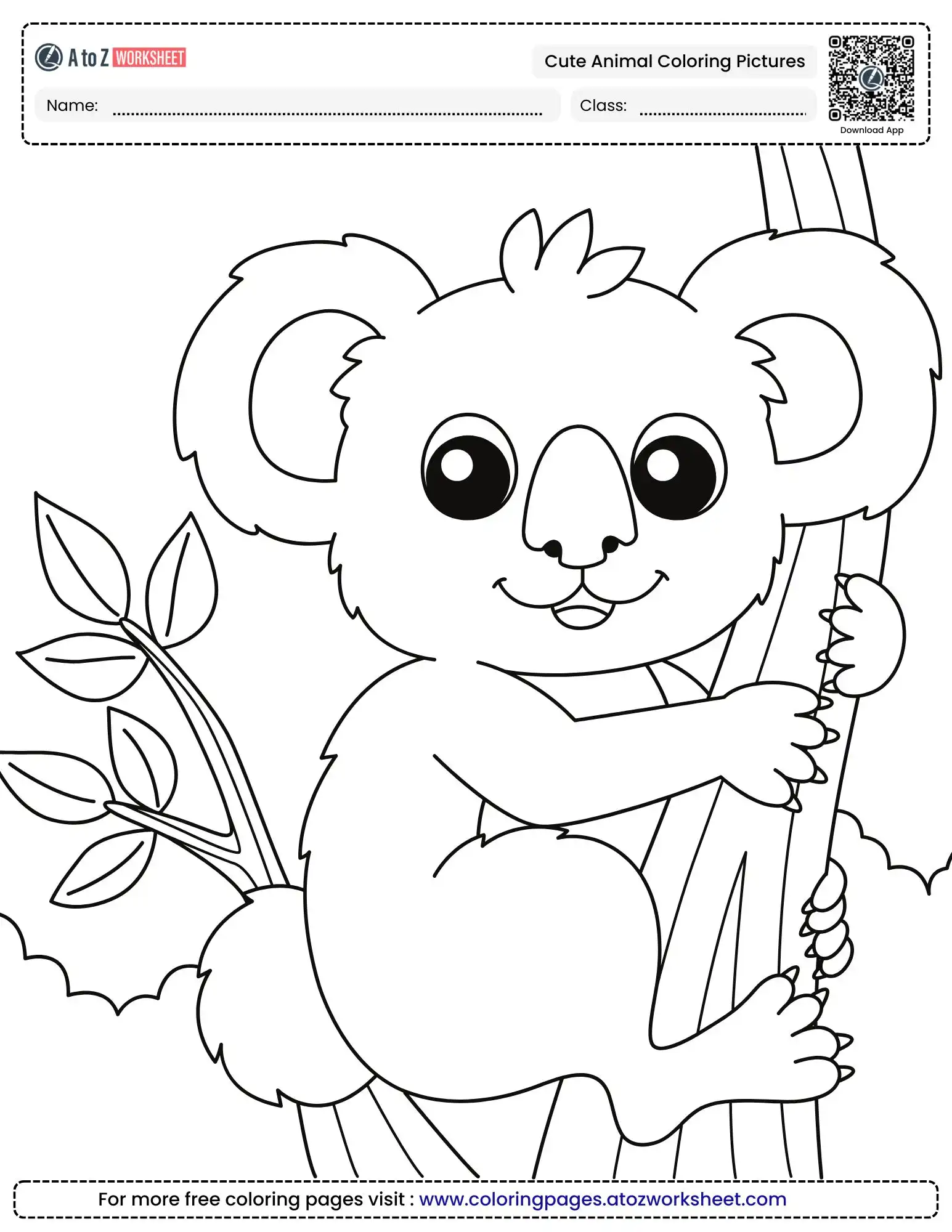cute animal coloring pictures featuring a happy koala clinging to a tree branch