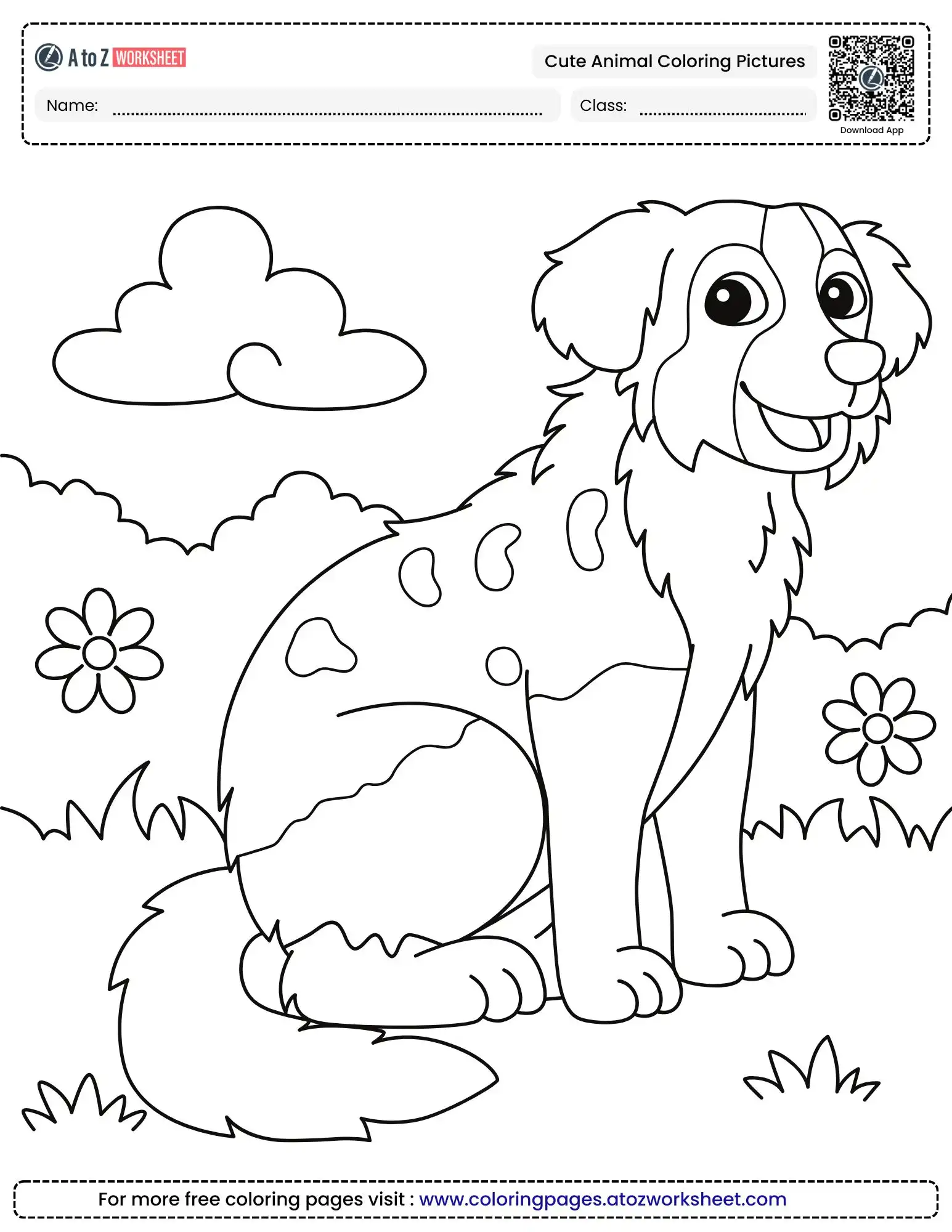 cute animal coloring pictures showing a fluffy spotted dog in a meadow with clouds