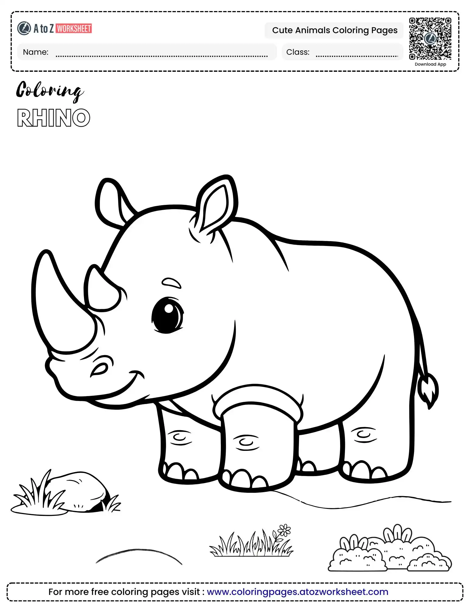 cute animals coloring pages showing a friendly rhinoceros with small plants