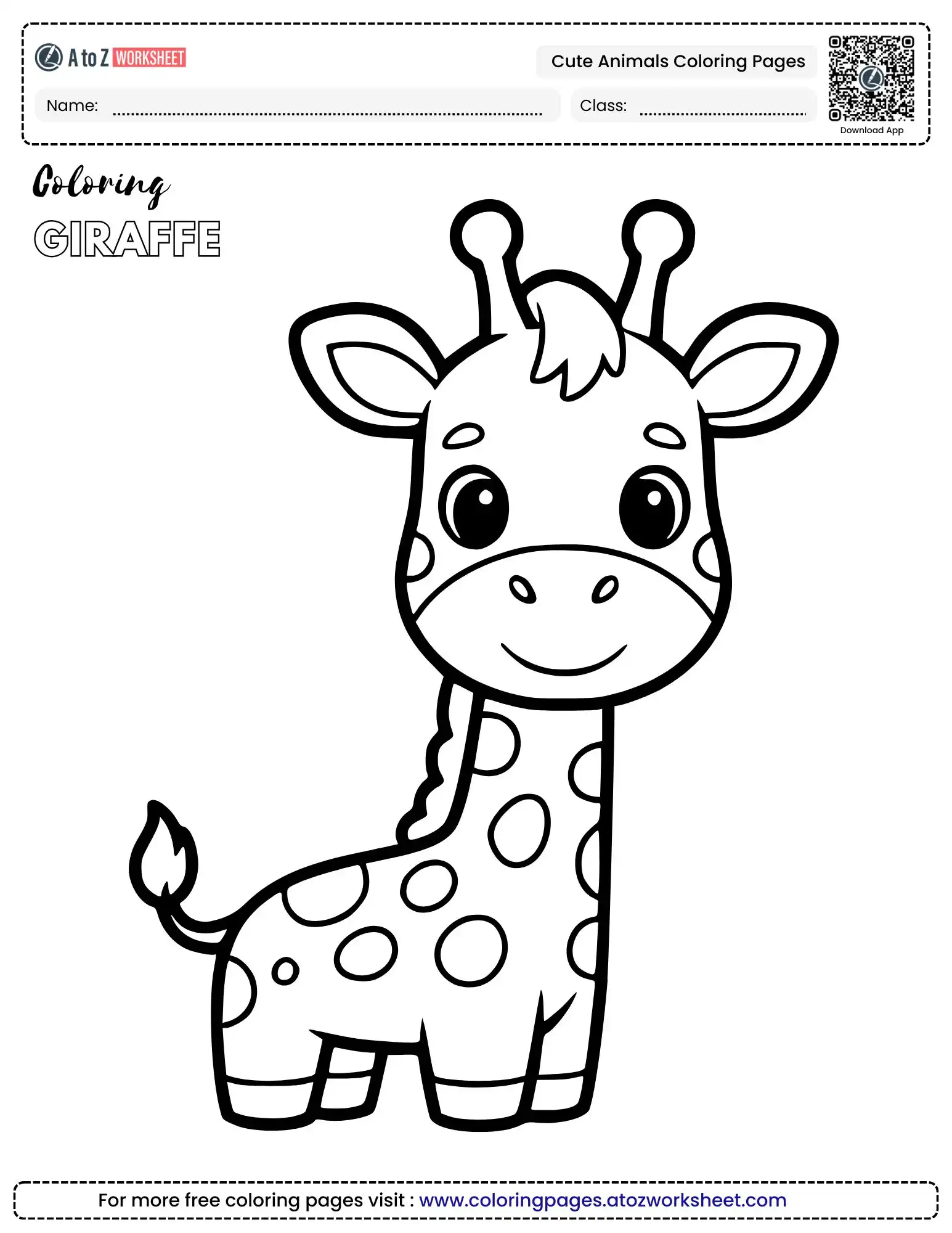 cute animals coloring pages showing a happy giraffe with many spots