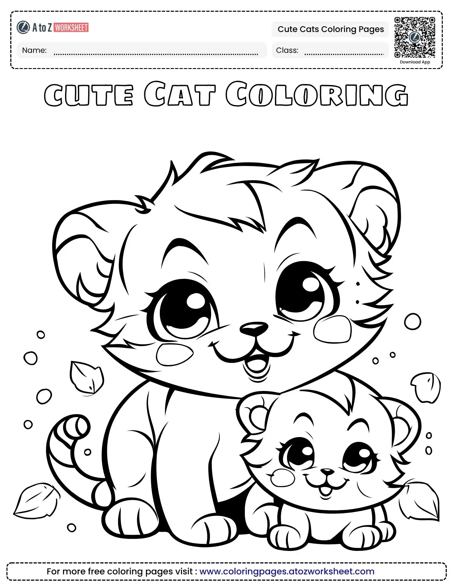 cute cats coloring pages featuring a large-eyed kitten sitting with its smaller sibling among falling leaves.